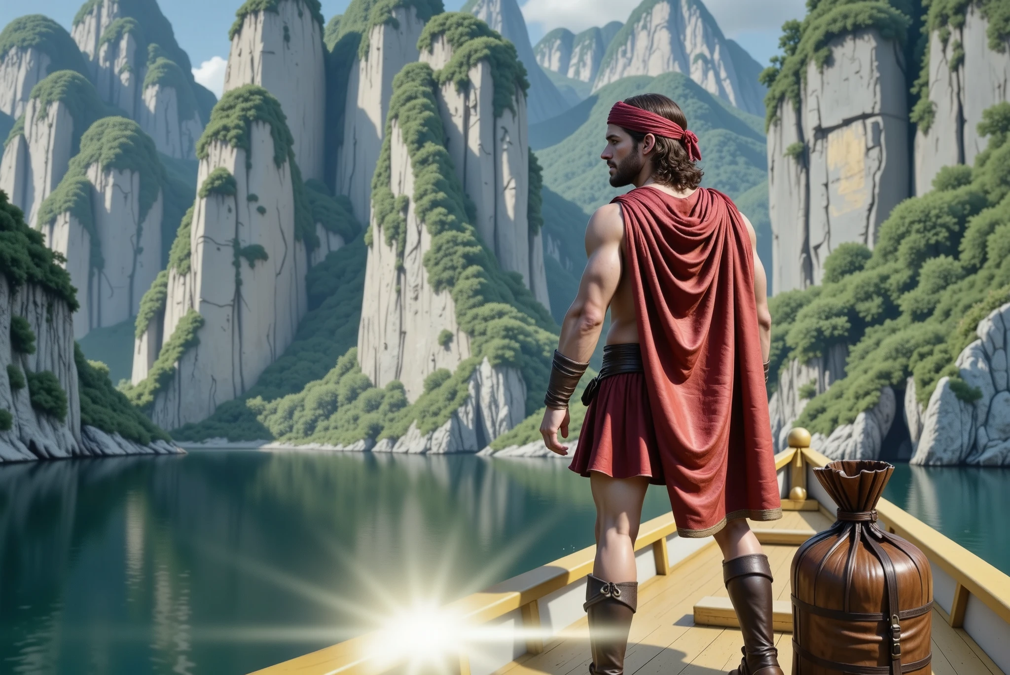 Hercules is aboard the glittering golden ship that was given to him by Helios. He wears a striking red cape and a turban of the same color wrapped around his head. At his feet is a leather bag. The ship sails across the vast blue sea, approaching a huge, endless wall of mountains rising from the water. The scene is grandiose and mythical, as if Hercules were facing an insurmountable challenge. Ultra-realistic. He wears leather armor, a red cape and carries a large leather saddlebag. He has a cloth on his head forming a kind of turban with part of it covering his face. He holds the Wooden Club resting on his shoulder. The boat is made of GOLD.