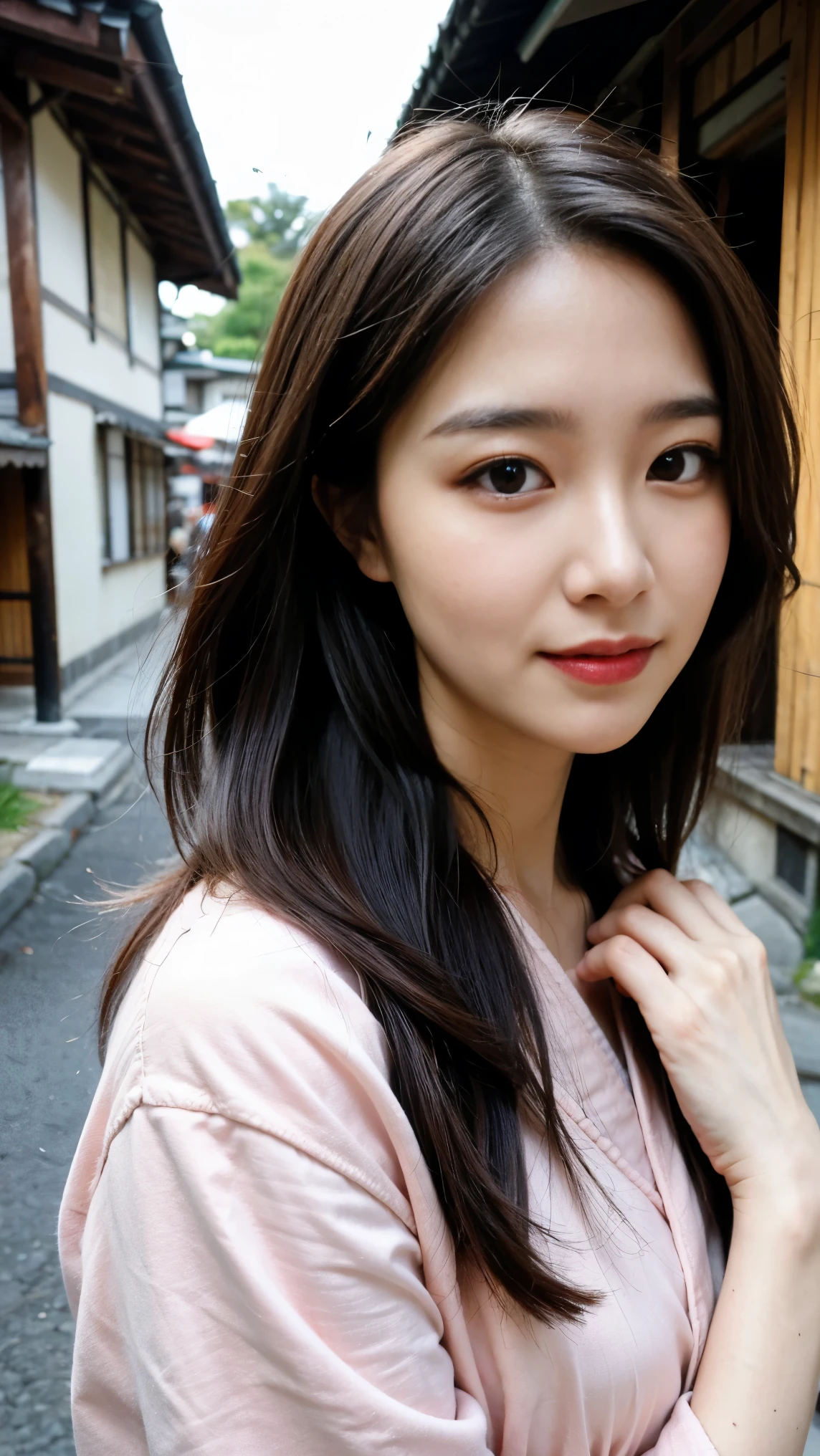 Kyoto back alley background、wearing a kimono、18 Year Old Girl、standalone、facing the front、light eye makeup、 long black hair、 flat at honny 、hair swings in the wind、Quality of actress、sparkle, ultra real face 、Smileの表情、moist eyes、Look up 、 Subdued Lighting Effects、 hyper-realistic capture using natural light、very detailed、High Resolution 16K Closeup。Pose to Spread Your Female Genitals with Both Hands、It must be detailed enough to identify pores、The skin is healthy、At a Japanese castle、Use natural light and color、Model Agency'Classic high quality images taken by exclusive photographer、Smile