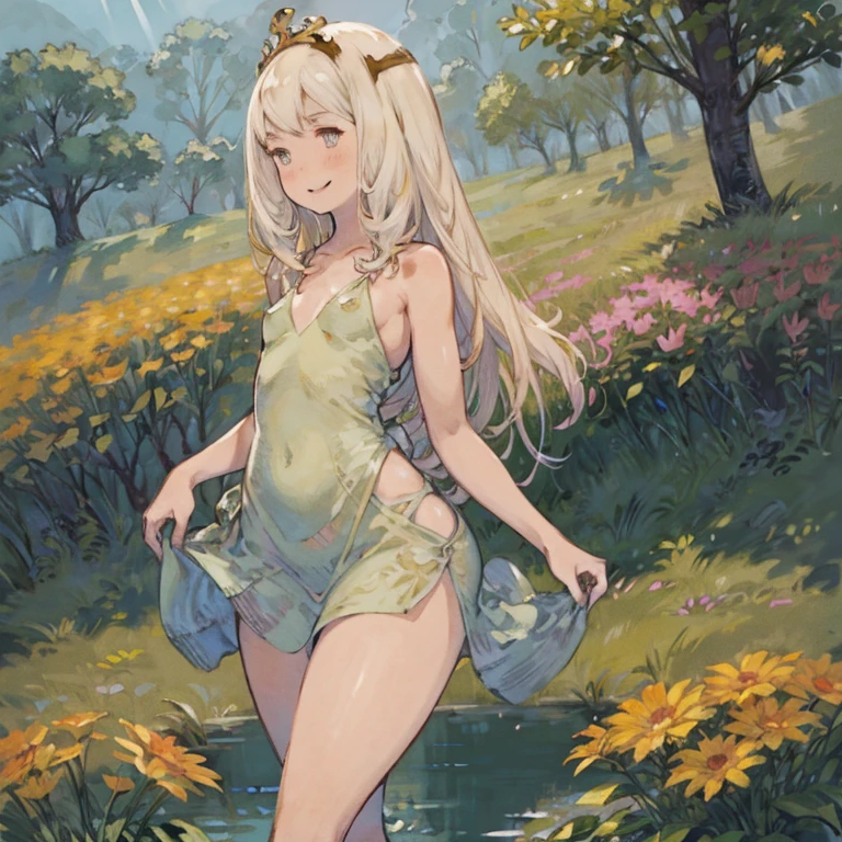 young girl 15 ,, very long hair that touches the ground, platinum ruby hair, iridescent eyes, very thin body , very small breasts, Wide hips, small waist , shining lips , (naked), , very small young woman and thin , stop in a pasture, wreath made of cherry branches , surrounded by forest spirits shaped like orbs of light , forest spirits animals, flirtatious smile, handing out a bright pink peach