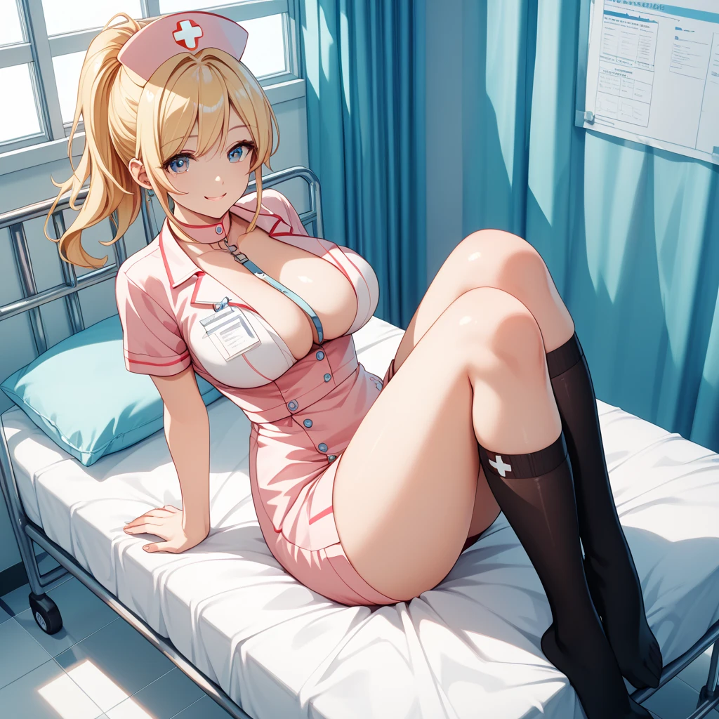 (score_9, score_8_up, score_7_up, score_6_up, score_5_up, score_4_up), masterpiece, best quality, high_resolution, 8k, UHD, 1girl, detailed, extremely detailed, best anatomy, (large breasts), nurse, nurse naked, stockings, short hair, yellow hair, messy hair, bangs, green eyes,