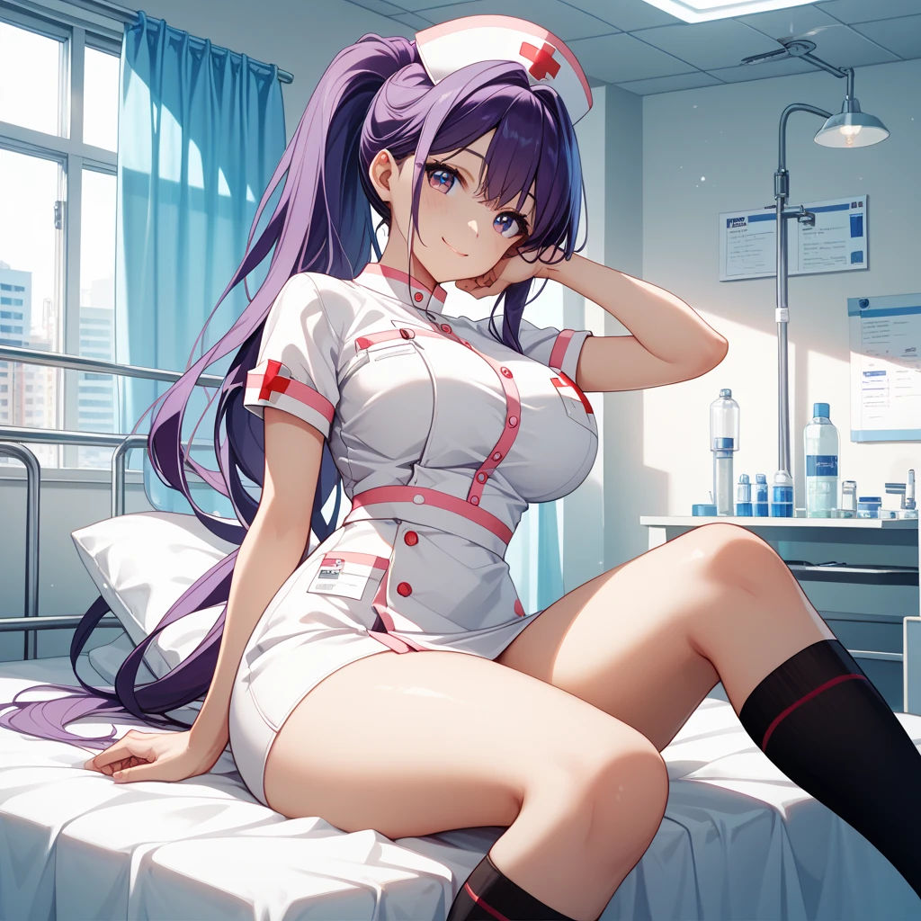 (masterpiece, best quality:1.5), (ultra detailed, high resolution, 8k, beautiful detailed, UHD, best anatomy), 1 cool girl, purple hair, medium breasts, nurse, nurse cap, breast pocket, collared dress, short dress, short sleeves, thighs, white dress, white headwear, hospital room
