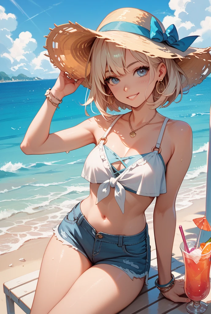 (best quality,4k,highres,masterpiece:1.2),ultra-detailed,realistic,tropical style, blue bikini, beach towel around her, short blond hair, wearing sunglasses, beautiful hands,lush vegetation,beautiful seashells,soft sandy shore,gentle ocean waves,joyful expression,sparkling brown eyes,endless horizon,warm sunlight,relaxing atmosphere,salty sea breeze,slender figure,confident stride,swaying palm trees,delicate necklace,dangling earrings,serene background noise of seagulls calling,crystal-clear water,melodic sound of waves crashing,perfectly pedicured toes,subtle shimmer on her skin,playful flirtatiousness,delightful summer vibes,vibrant colors of nature,tropical paradise,artistic water reflections. walking towards you