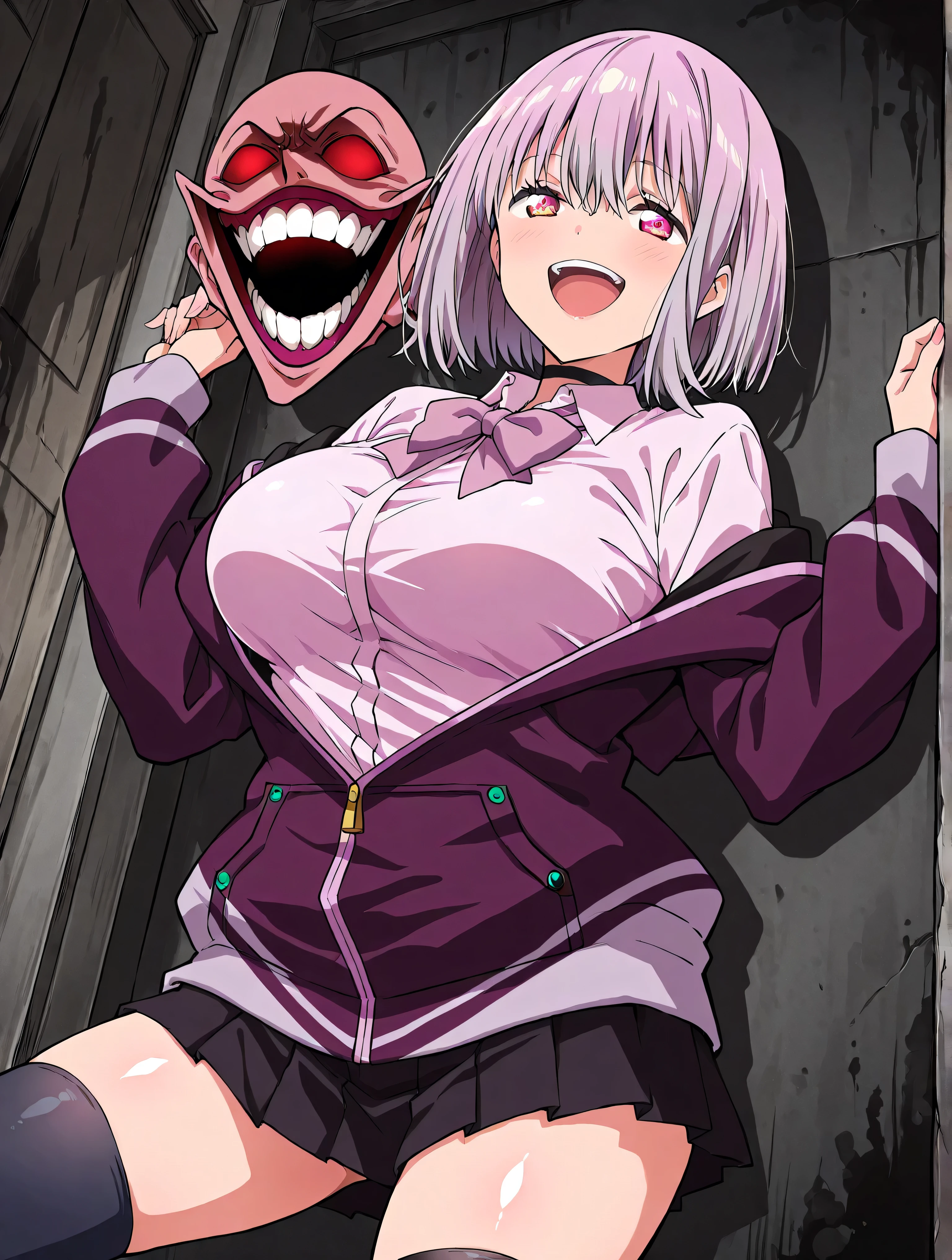 1girl,solo,blood,glasses,purple eyes,long hair,gloves,looking at viewer,blood on face,bare shoulders,black-framed eyewear,purple hair,bangs,<lora:ruriko_v2.0:0.85>,ruriko,