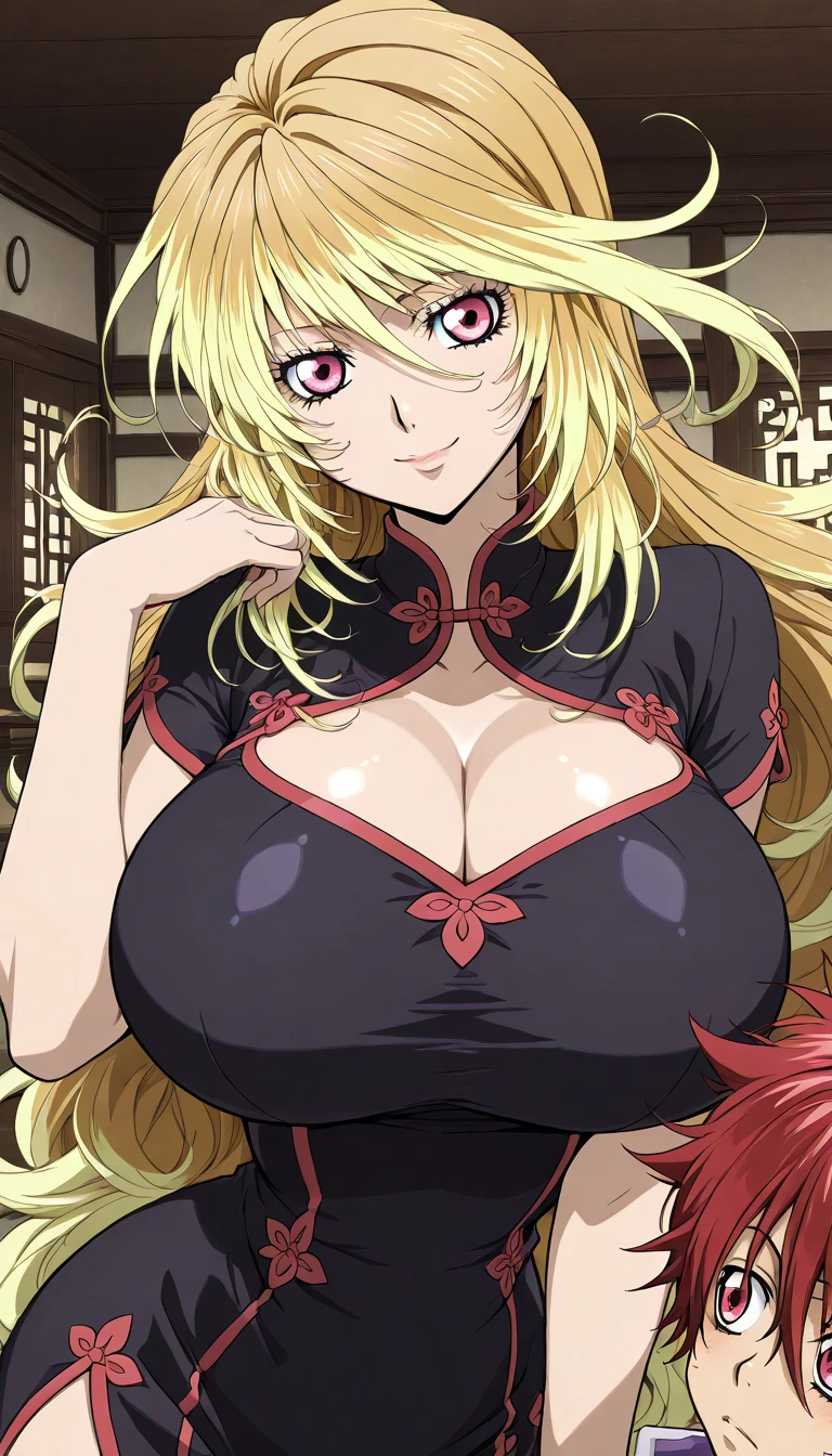 (anime art style), masterpiece, best quality, very aesthetic, absurdres, minamifuyuki, ((1girl)), blonde hair, long hair, sidelocks, ahoge, eyeslashes, blue eyes, large breasts, curvy body, sexy, cleavage, black high heels, blue dress, borrowed, embarrased, intense blush, ((cowboy shot)), (from front), (night), (palace), (standing), (hands on own chest), (looking at viewer:1.0)