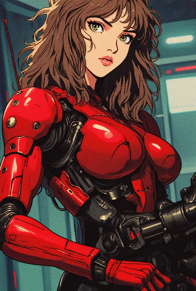 short red dress, undercut platinum bobcut blonde hair, small breasts, fit, muscular, short hair, mercenary, boob window, chain choker, full body shot, cybernetic, cyberpunk, mechanical parts