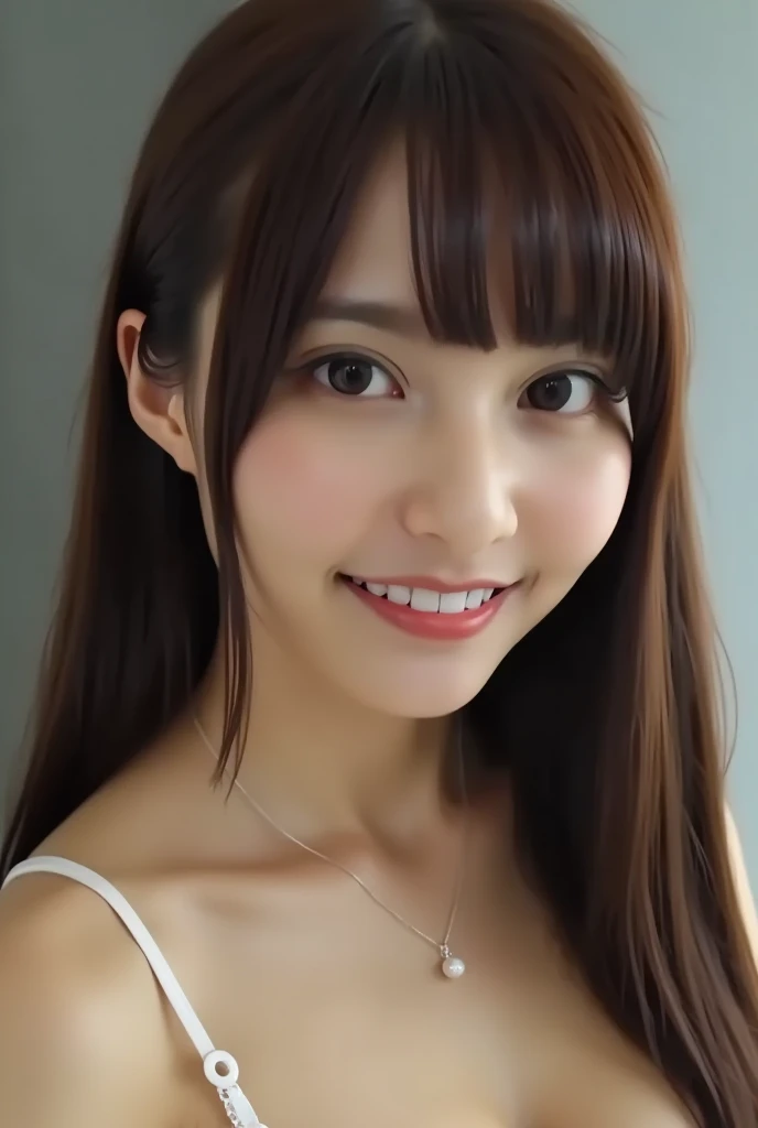 Beautiful drooping eyes、big beatiful eyes、((full nude))、blunt bangs、straight hair、pink nipples、big breasts、Close-up shot of upper body、white skin、Fair skin、strong light all over the body、fold your arms behind your head、black background、blush、embarrassing smile