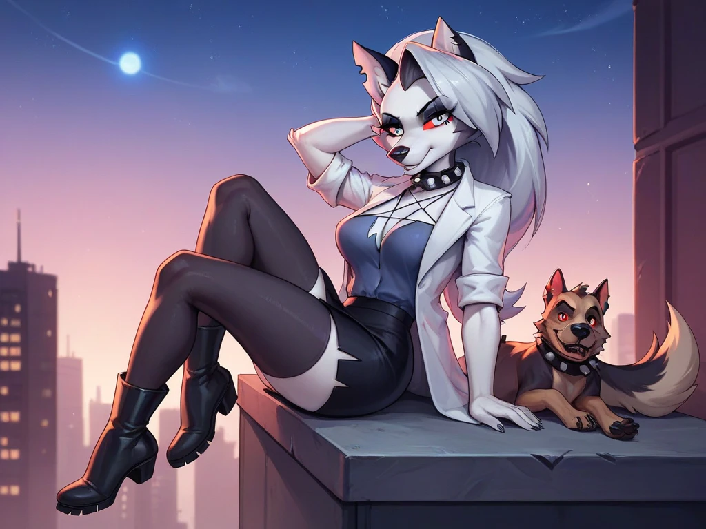 from Iskra, от Wolfy-Nail, for dating, Hell of a boss, for her Hellhound, for her, Female, (detailed), big naked breasts, mini skirt, short leather vest, torn fishnet stockings, high heels, whore, viewer's gaze, fluffy, one, 1 girl, A high resolution, Photorealistic, prepare, Confused look, ((clear structural details)), detailed realism, slim, soft, 4K, Excellent quality, High detail, (seductive), detailed fur, in the city park, sitting on a bench, At night, flashlight, full moon