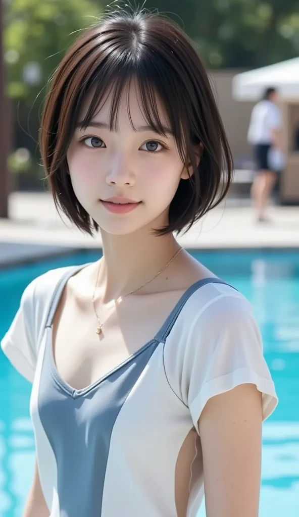 ((highest quality、8k、masterpiece:1.3))、Japanese actress、1 female、Big Breasts:1.2、Slim figure:1.1、Are crying:1.4、Black Hair、Very short hair、Japanese actress, Age 35、Straight face、Look away、Short Hair、beautiful, Beach, sexy top , Provocative Bikini, Realistic, Highly detailed skin, 8K resolution, sony camera,Highly detailed face、Detailed lips、Fine grain、double eyelid、Kneel、Place your hands behind your head、Unusual angles