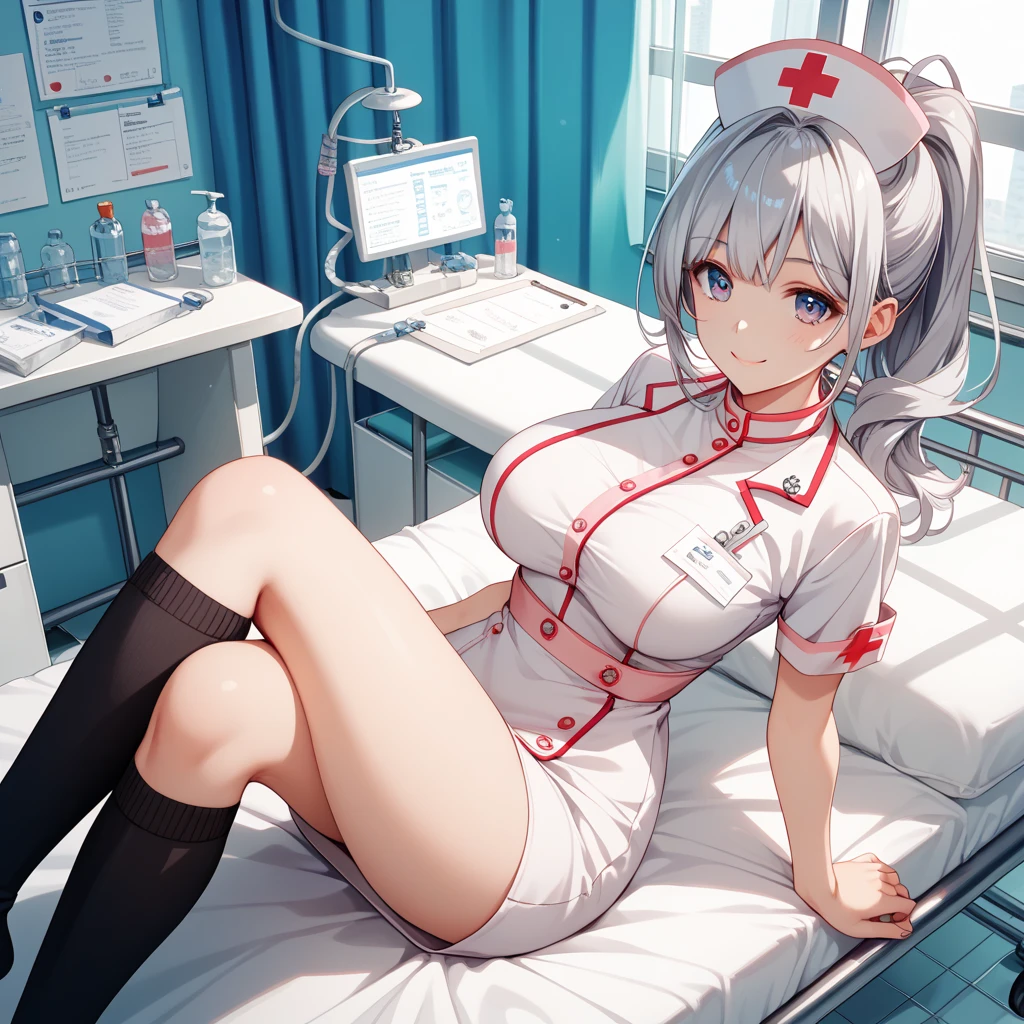 1girl in, (Solo:1.2), (Beautiful and detailed eyes description), (beautiful and detailed face), Perfect female body, neat figure, Slender waist, (20 years old), Long hair, Platinum Blonde Hair, Two-side-up,Very big eyes, Blue eyes, Smaller chest, cleavage, blush, Shy, watery lips, Nurse, (Nurse Uniform), Nurse Cap, (Unbutton with both hands),Stunning lace and moss green underwear, (White Gloves:1.2), (White pantyhose), high-heels, a necklace, Hospital bed, White curtains, Sunlight, hand between legs, Straddle the camera, Squatting, (Best Quality), (ultra-detailliert), (masuter piece), (hight resolution), (Original), (the Extremely Detailed CG Unity 8K Wallpapers), Character Design, Game CG, Detailed Manga Illustration