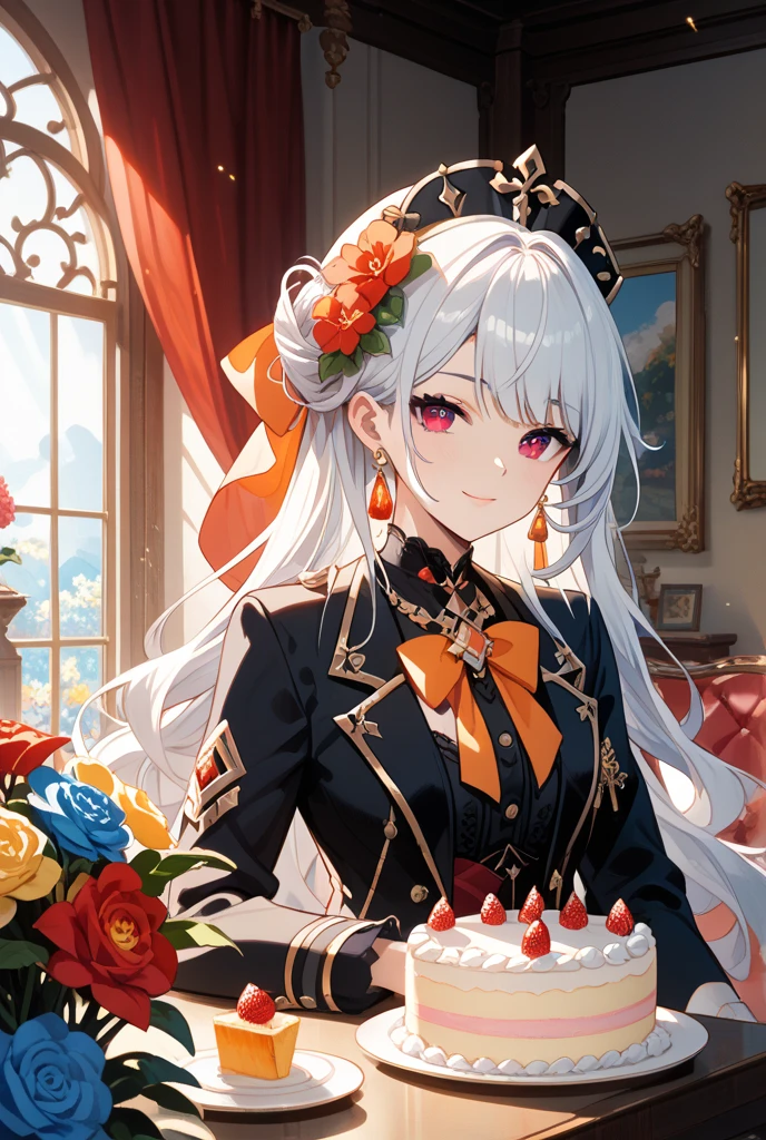 White curly hair, red eyes, 21 years old, Pale skin, Female, Hour glass body w/ pale skin, Diamond & silver crown, White marble & gold detailed corset, white lace false collar sleeves, silver claw hand jewelry, eating pastry, holding a plate of cake.