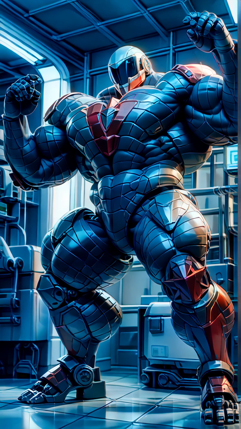 ((Best Quality, 8K, ultra-detailed, Masterpiece: 1.3)), 1boy, full body image, shiny skin, sharp, Perfect Body Beauty, realistic shaded perfect body, muscular male, huge and voluminous shoulders, shapely neck Big Breasts, chiseled abs, huge muscles, bodybuilder body, 300 lbs, (((back))) Broad back, shapely trapezius, toned deltoids, voluminous lats, (closed helmet, plain helmet, helmet with mask, expressionless male mask,:1.1), legs not too far apart, ("bodysuit, big bulge muscles ":1.2), ("leggins, armor":1.1), legs not too far apart, ("glove, armor":1.1 ), ("jet black armor":1.1), (techwear) (dynamic pose:1.1), thigh , battle field , (bulge focus:1.2), 3d, cartoon
