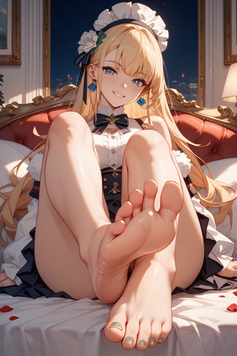 1girl,blush,open mouth,small lady serenity,a dress with long sleeves,shoulder,opera glove,reach out feet,feet focus,five toes,sweating,steam,wet clothes,
