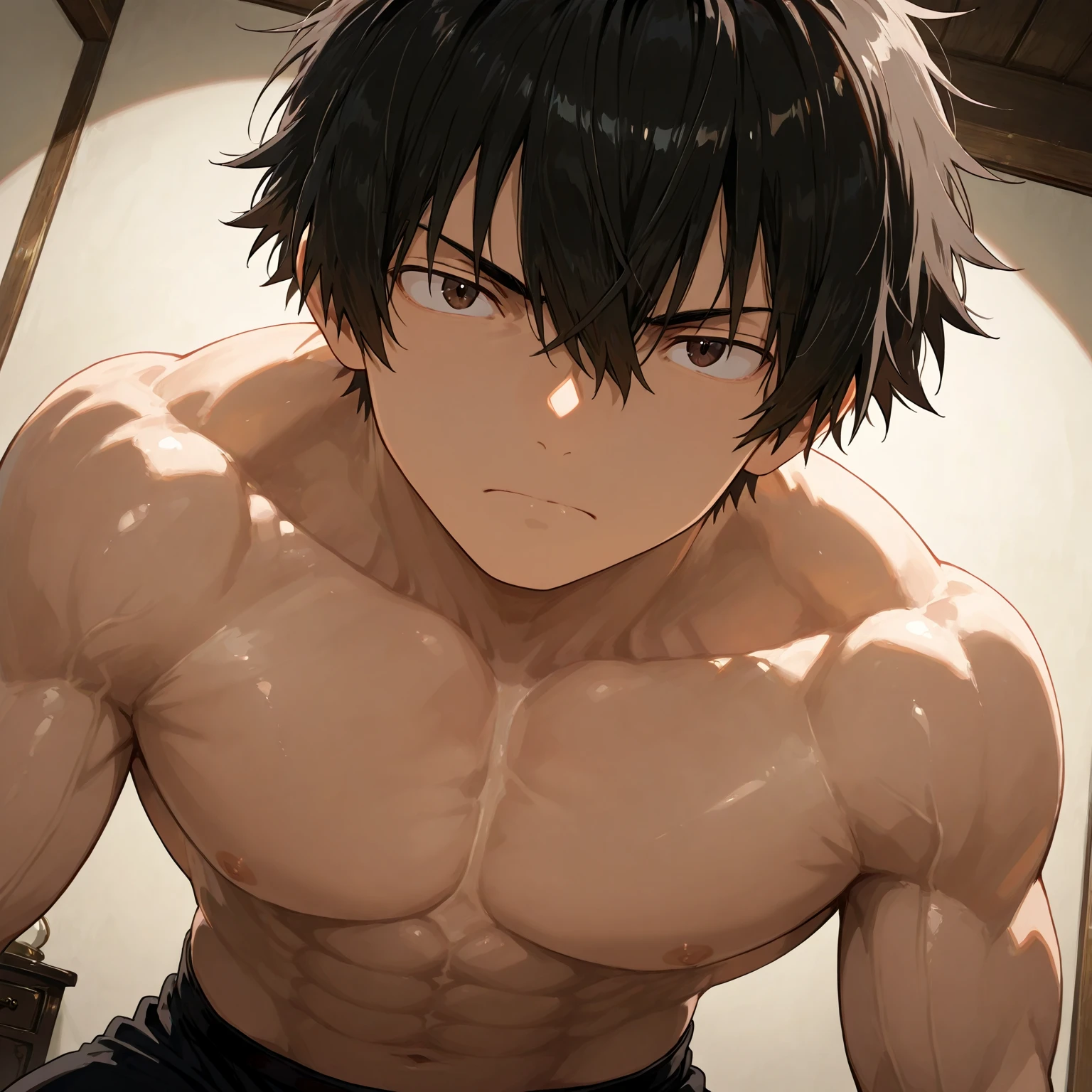 (masutepiece, Best Quality),The whole body of the boy,(younge boy),teenager face,posterior view,Body tilt,delicate big eyes,Open your eyes,,smooth and delicate skin,Short square face,Surprised expression,infancy,young age,short round face,Flat chin,finely detaild face,well-muscled,short bright black hair,with an intricate,nakeness,(backbone:1.2),the night,vivd colour,(depth of fields:1.2),Raised sexy,Lie face down,Bedrooms,