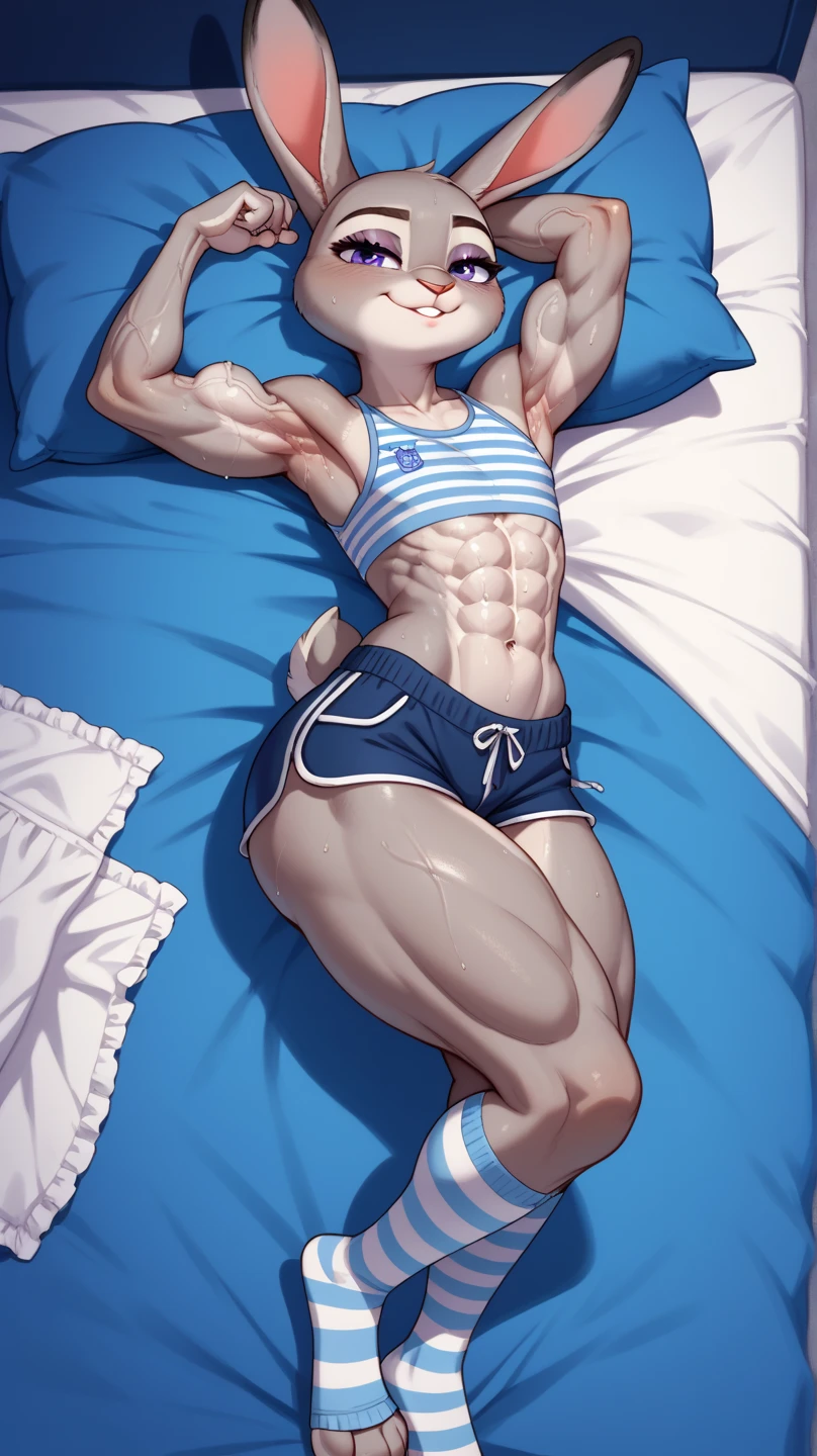 (best quality,4k,highres,masterpiece:1.2),ultra-detailed,realistic:1.37,big muscular female bodybuilder,beautiful detailed eyes,beautiful detailed lips,strong physique,two short pigtails,small smile, red nighty, laying on bed,rippling muscles,sturdy frame,dark tan,fit around the waist,tight abs,strong arms and shoulders,intense expression,determined look,well-defined muscles and veins,straining muscles,artistic pose,steely gaze,side lighting,powerful presence,vivid colors,dynamic composition,studio lighting,physically-based rendering,athletic build,bodybuilding silhouette,professional,gritty texture,bokeh