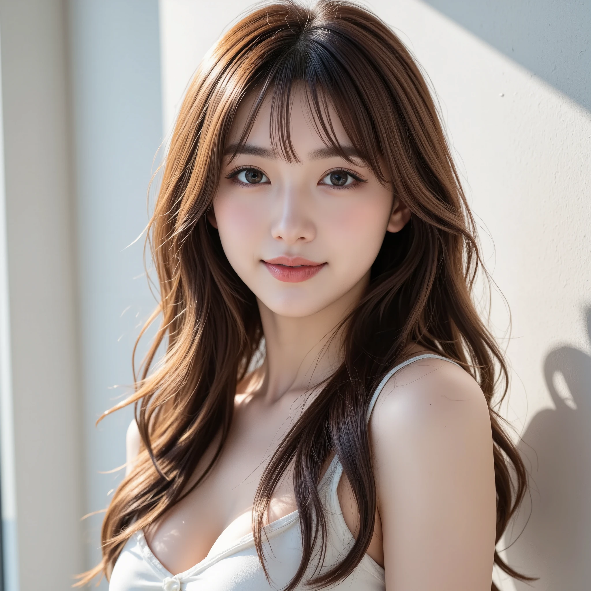 NSFW, (Highest quality), (Ultra-precise CG 16K wallpaper), (Realistic), (High saturation), (Sharp), Beautiful detailed shading, Beautiful natural lighting, Beautiful detailed glow, Natural light, Depth of field, (Mature 24 year old woman, One person), (Beautiful Japanese face), (Soft wavy long hairstyle with bangs down), (Shiny brown hair), (Sparkling eyes), (Afternoon sunlight), (Woman smiling with mouth open: 1.1), (The woman is looking at me), (White wall), (Full screen image), (Close-up shot of a woman's nose), (Image of a woman looking at a diagonal front), (Woman standing in front of a white wall),