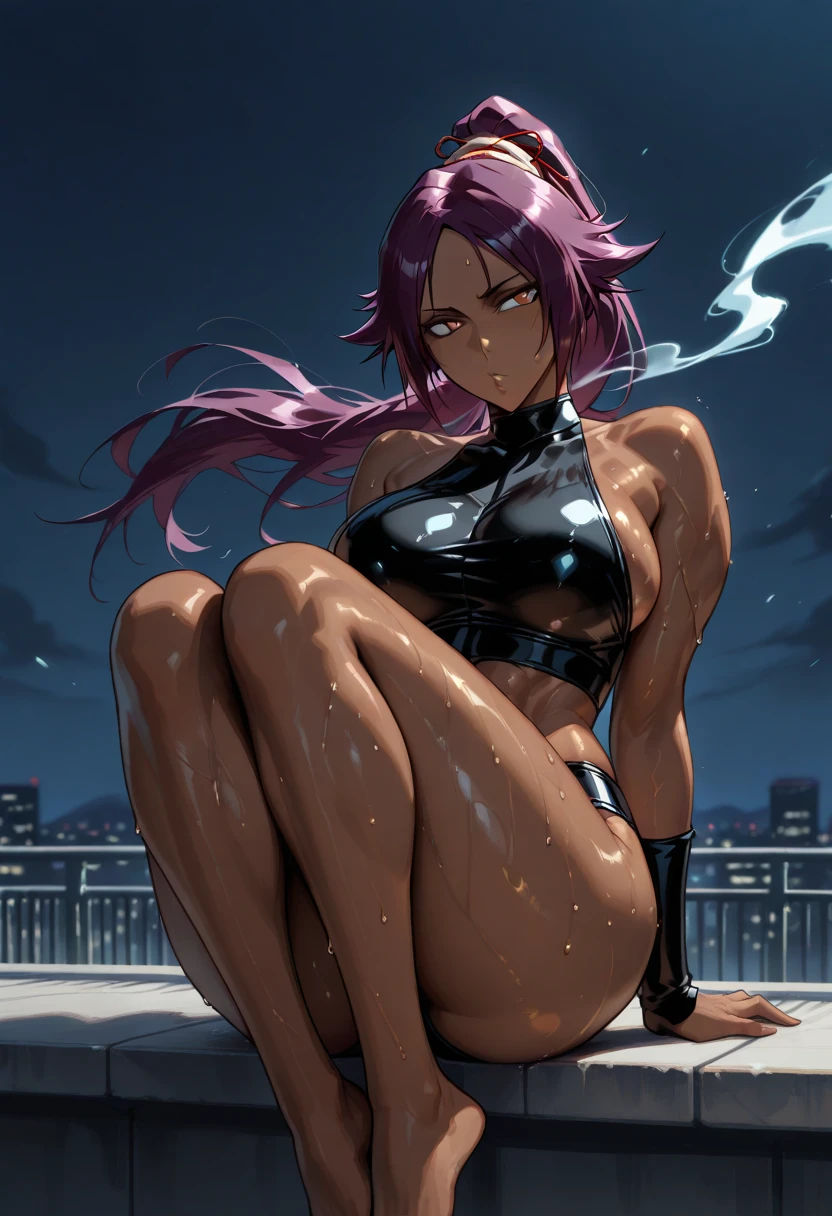 (((a short anime girl))), with hair, purple 1 girl, solo, ((Last of tensei shitara slime, ,sexy pretty ,smiling, (((muscular ass))), (((thin thick) )), (((skinny))), ((((ultra-detailed)))), (((photorealistic))), 8k, (yellow eyes), ponytail hairstyle, medium size, sideways hair , on the beach, at night, wearing a black micro bikini, muscular legs, muscular belly, barefoot, full body photo