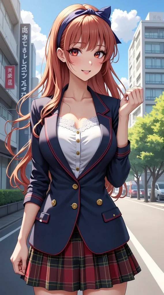  (Masterpiece,  computer, mejor quality,  Clear focus, shadow, anime style, Resolución ultra alta, 8K, perfect anatomy, perfect face, (detailed face), (  Detailed eye  ), score_9, score_8_above, score_7_above, score_6_above, score_5_above, score_4_above,  source _animated, Label 1, Label2, quality_Masterpiece, Anatomically correct, beautiful face, perfect face, Beautiful and highly detailed face and eyes, Attractive face, detailed face, delicate facial features, detailed skin, huge breasts, breast size cup D or DD, wide hips, gigantic butt, muslos gruesos. anime-style illustration of a beautiful woman with an elegant and sensual look with long hair, smooth and orange-red in color, with bright reflections, who falls on his shoulders and back. Her hair is adorned with a blue ribbon tied as a headband, with a visible ribbon on the top of her head. She has large, expressive eyes, bright red, and her expression is cheerful and confident, with slightly flushed cheeks and a friendly smile. She wears a classic-style Japanese school uniform: a navy blue jacket with red trim, gold buttons and flap pockets, partially opened to reveal a white blouse with lace details on the neckline. The blouse has gold buttons and highlights her prominent bust. She wears a short plaid skirt in shades of red,  brown and dark green . The scene takes place in a Japanese urban street during the day, with modern buildings and signs with kanjis in the background, green trees, clear blue sky.