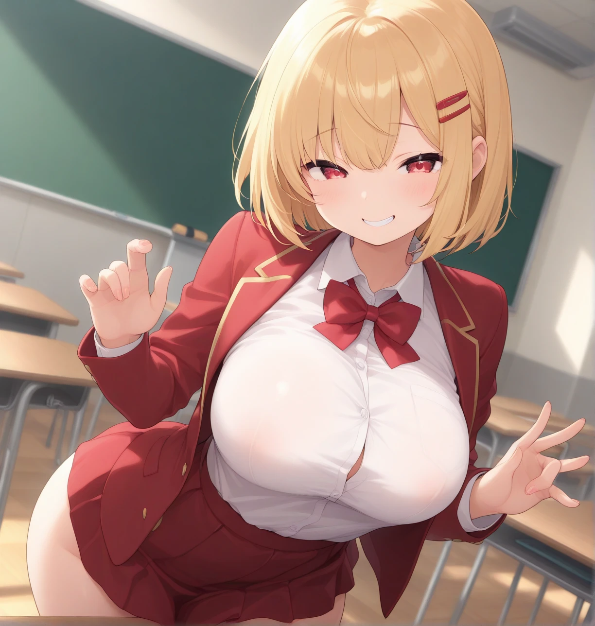 Big tits, (masterpiece, best quality:1.2),illustration,8k,hd,1girl,solo,child,full body,(portrait:1.2),tongue out,short_hair,blue_eyes,blonde_hair,breasts,hair_ornament,white_shirt,hairclip,blue_necktie,long_sleeves,headgear,brown_footwear,knee_boots,pleated_skirt,center_frills,collared_shirt,