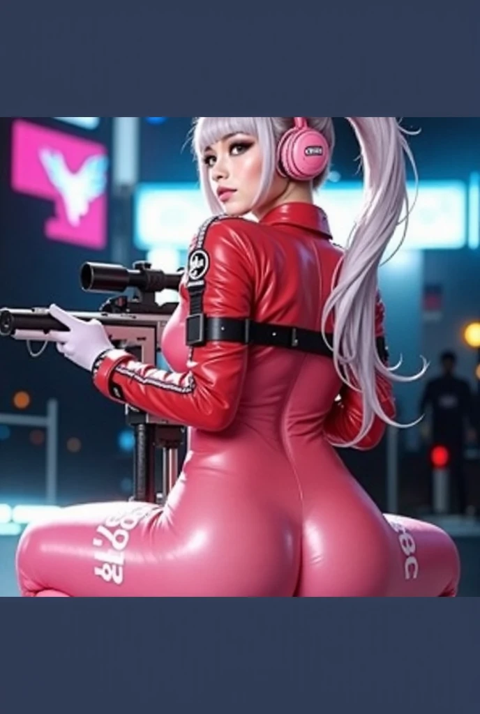 Create an Instagram post capturing the essence of a vibrant and confident curvy gamer girl with long white hair, wearing cosplay dressed as DVA from Overwatch in gamer themed environment with colourful and bright environment