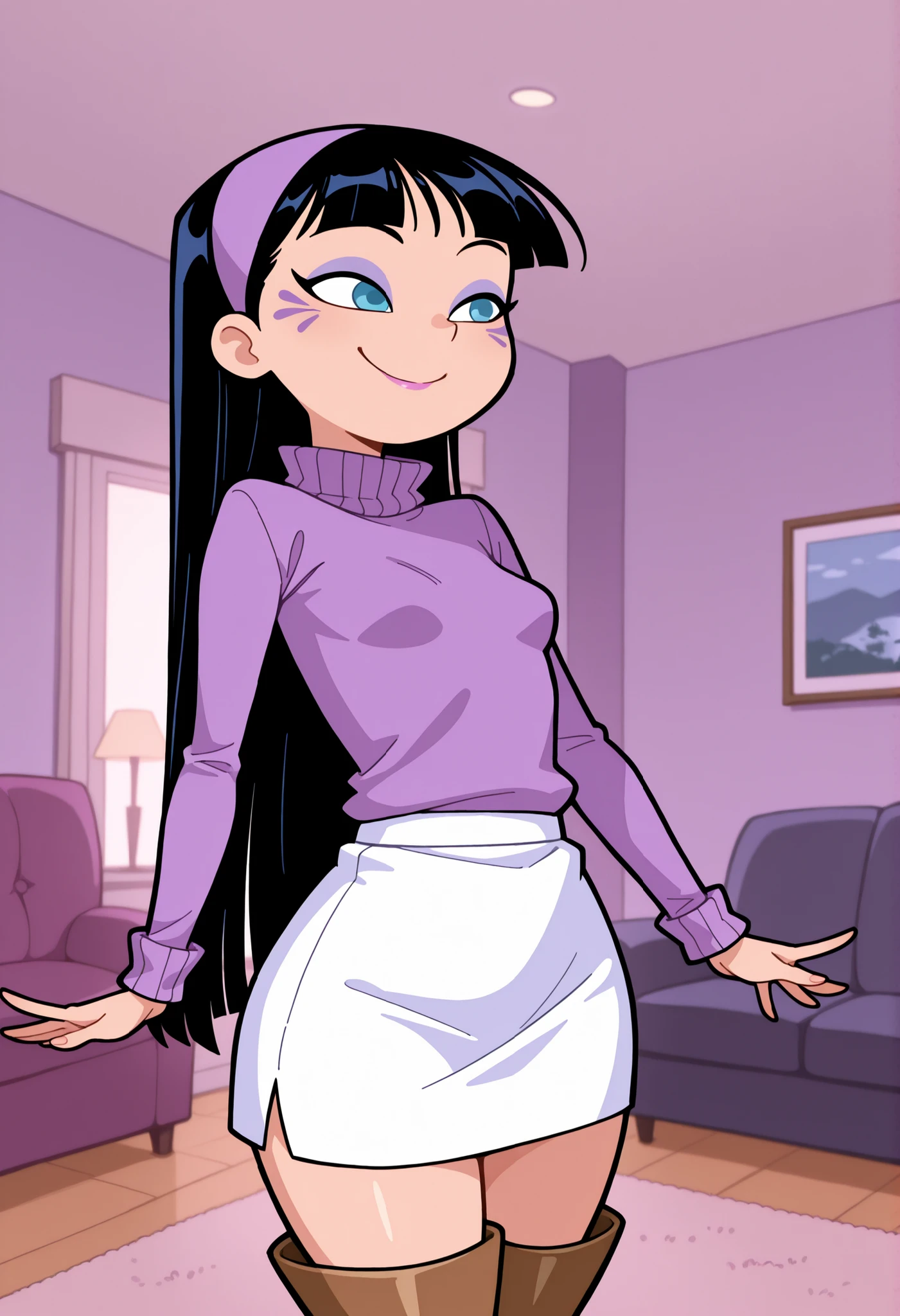 Solo female, curvy blue eyed girl with long wavy black hair and small breasts, lewd, naked, 