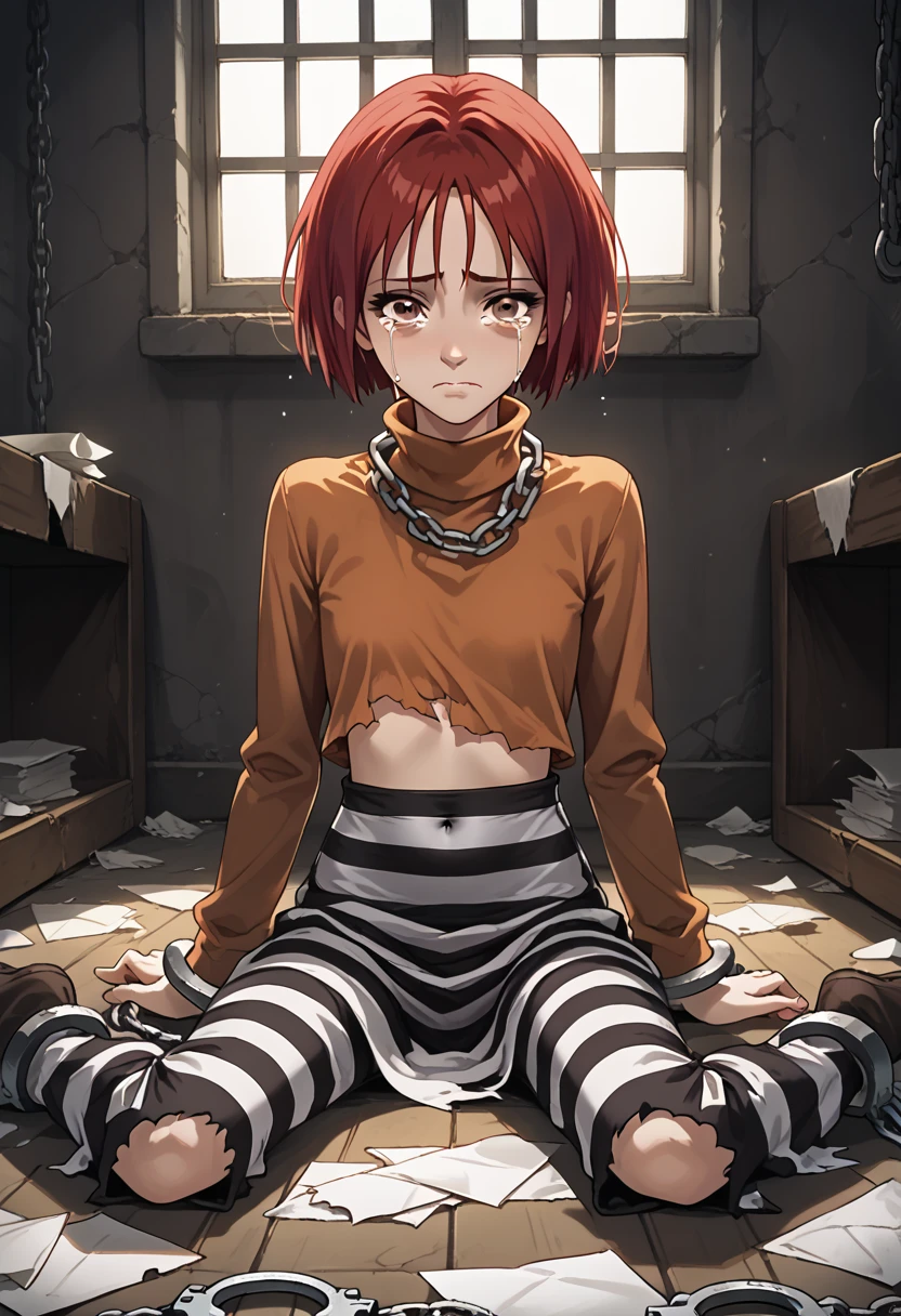 score_9, score_8_up, score_7_up, score_6_up, score_5_up, score_4_up, rating_questionable, pale petite young sex slave with short chin-length hair, post-apocalyptic, wearing a slave collar and shackles, (sturdy post-apocalyptic survivor outfit), center of a post-apocalyptic town square, embarrassed and humiliated, (scared:0.5), standing leaning against a wall, exhausted, eyebags, (upper body portrait shot:0.9), masterpiece 2d digital art, (realistic face),  <lora:add-detail-xl:0.8>,  <lora:13_emb:0.4>, (detailed cute pretty face),  <lora:Line Art Style SDXL_LoRA_20r_20e_8i_nr32_a16_Pony Diffusion V6 XL:0.9>,   <lora:OldAnimeStyle_XL_v3:0.3> Vintage, 1990s \(style\), small a-cup breasts, gritty, grainy,  <lora:slave_restraints:1> slave_restraints outfit