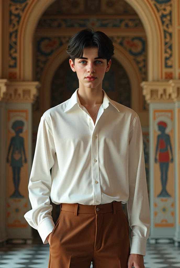 A young male twink with a make-up face and black hair. He is wearing a white long-sleeved shirt and brown pants. He is in the royal palace, with a sword in his hand, and he is looking in amazement as he sits on a chair.