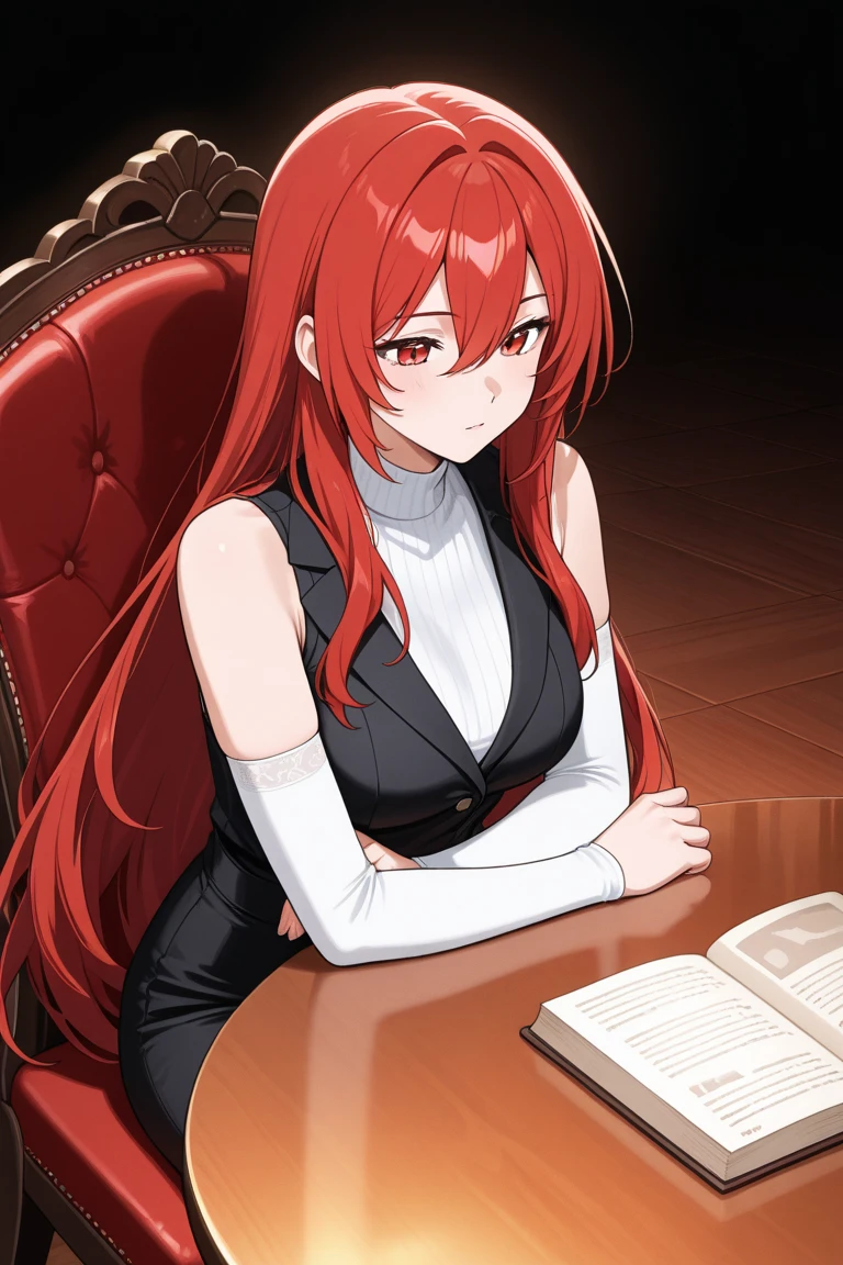 (master piece, best quality) an adult woman with very long red hair, tied in a ponytail, correct proportions, Researcher Clothes, big white coat, Dress pants, black gloves, red eyes, Appearance, Happy, smiling, kind, blood on clothes, large busts (huge, torn), Cinematics, colorful oil painting, Alone, sitting in laboratory, scientist, futuristic, research apparatus on side, Chemistry cubes, cinematic lighting, full body, extremely detailed face, Face finely detailed, beautiful face, beautiful eyes, perfect lighting, depth of field, realistic proportions, good anatomy