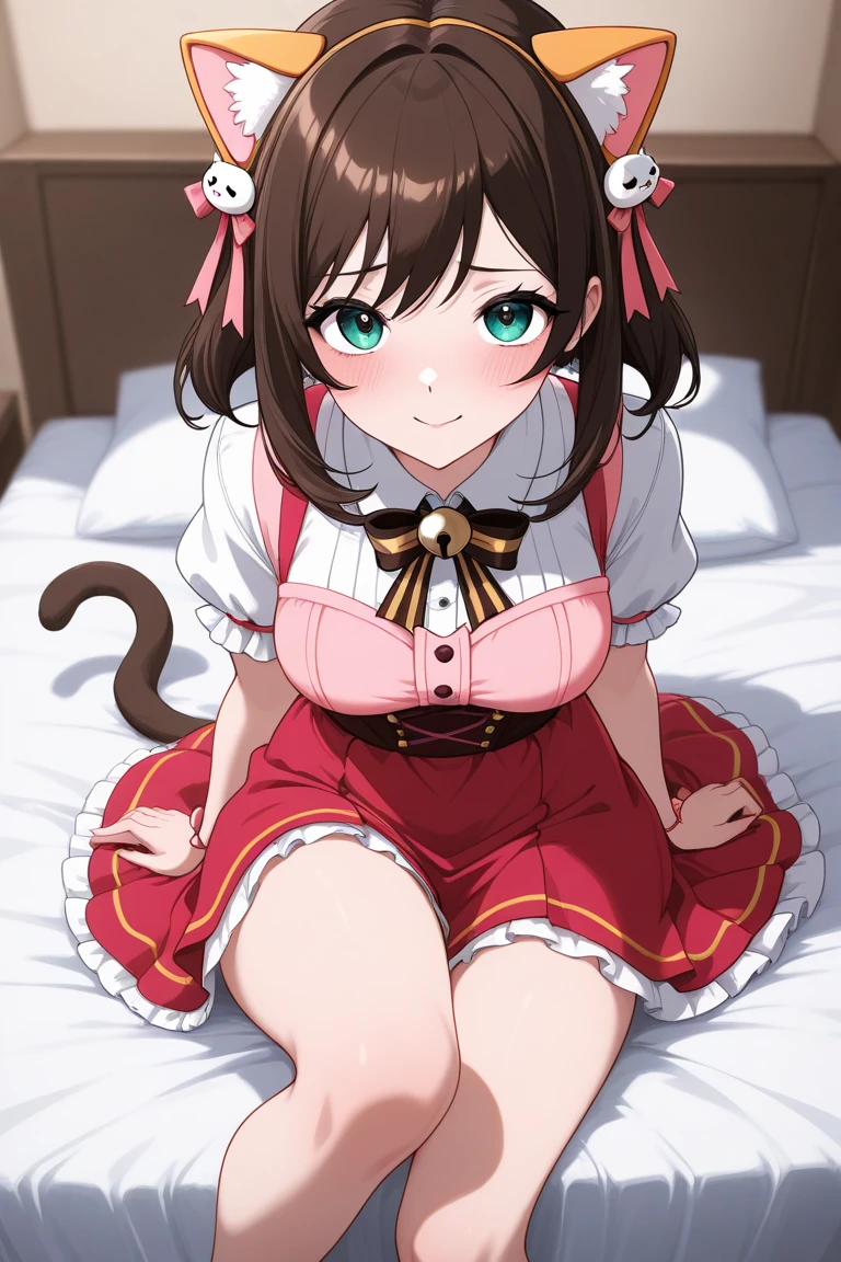 masterpiece, (Best Quality:1.4),(Perfect Anatomy:1.4), High Quality, very_high_resolution, Ultra Detailed, large_filesize, Full Color, Detail, 8K, 4K, High Resolution,Symmetrical,Extraordinary, Best Aesthetics, New, Latest, Very Detailed, Anime, Detailed Beautiful Face and Eyes, Very Detailed Body, Very Detailed Hair Lovely Hands, Perfect Hands, Beautiful Hands, One Girl, Cat ears, (big breasts, cleavage looking bigger, brown hair, trimmed hair semi-long hair, long sleeves, surprised: 1.5), (girl lying on her back on 3 tatami mats, pink bra with frills: 1.4), (dynamic angle, eyes looking away, cowboy shot: 1.2), (open mouth, 17 years old, brown hair, short hair, cat ears, aqua eyes, maid apron, white apron, black pantyhose, slender girl), (apartment for 3 Japan, daylight, light),