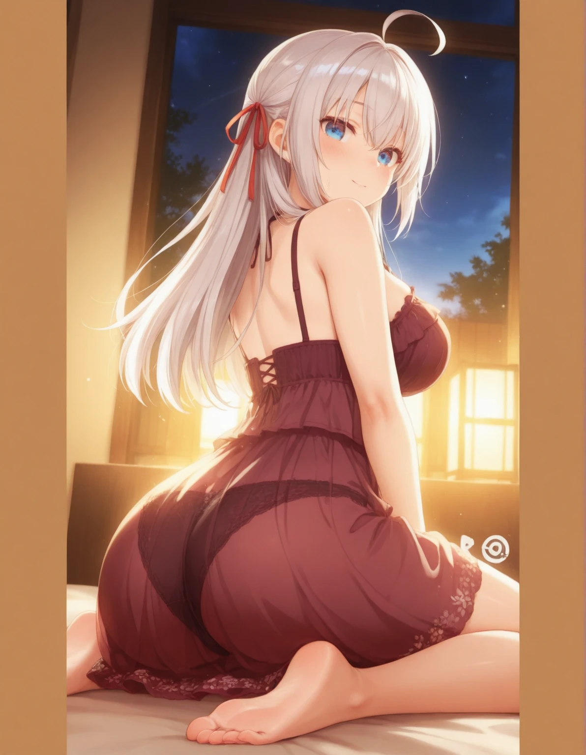 masterpiece,top-quality, hight resolution, 4K, 光线追踪, detaileds, It's complicated, 1girl in, undergarment, white hair, sole of feet, buttock, an legs, panties on, 独奏, bare-legged, looking at the viewers, Looks Back, tiptoes, White bra, white panties, string, Floating hair, in one's underwear only, from the rear, from the rear, Indoors, sitted, yellow eyes, braided ponytails, length hair, on the beds,Looking at the camera