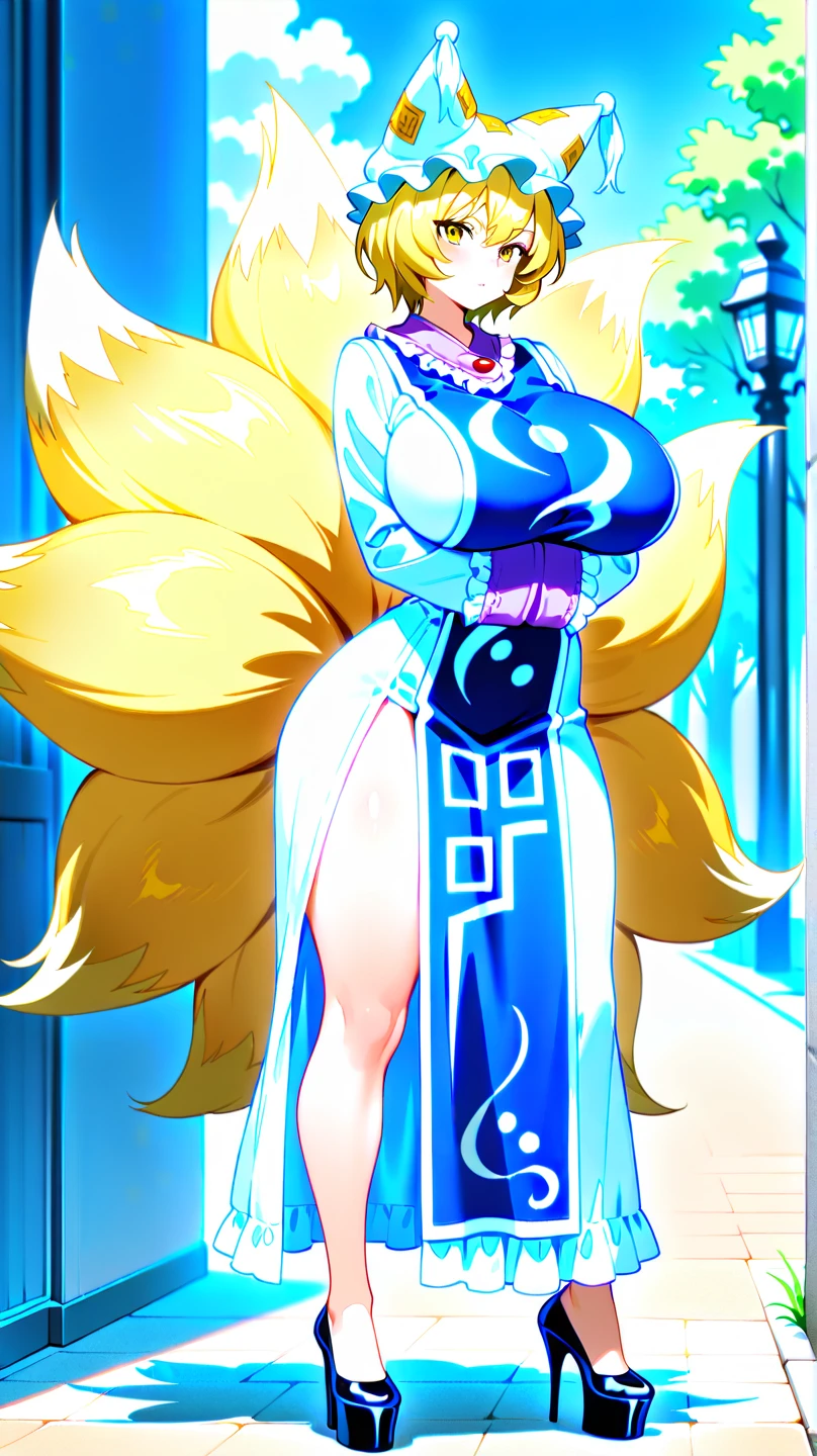 masterpiece, score_9_up, score_8_up, score_7_up, source_anime, best quality, extremely detailed, 1girl, milf, solo, KOFKing, (huge breasts), ((((blonde hair), long hair, purple eyes, fox ears, yellow fox tail, six tails))), parted lips, (((egyptian clothes, nipple chain, piercings, pelvic curtain))), ((seductive smile), closeds mouth), ((indoor))