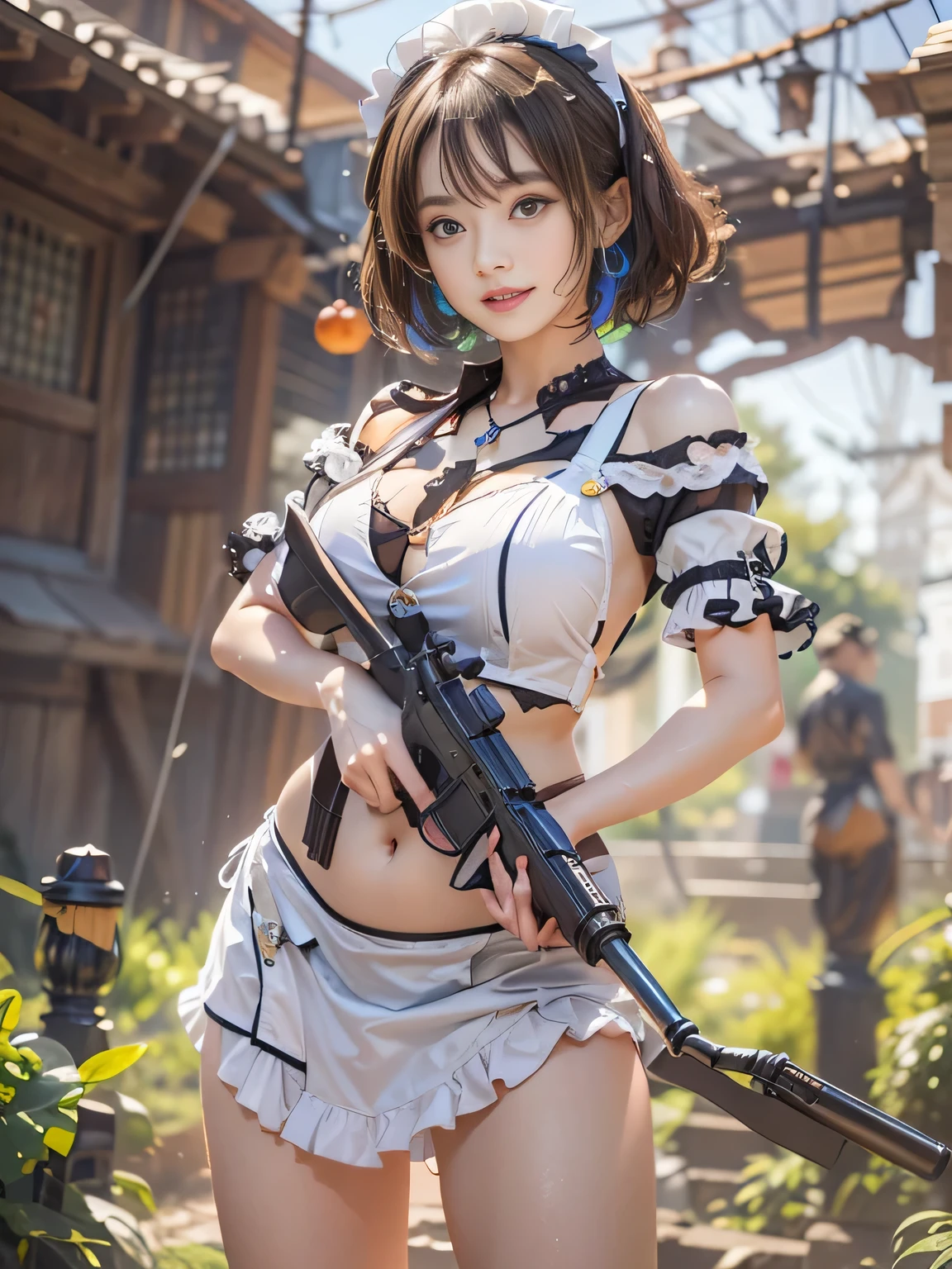 ( holding gun, ak-47, akm, assault rifle, kalashnikov rifle),1girl,(masterpiece, best quality, 1girl, solo, intricate details, chromatic aberration), realistic, ((medium breath)),long hair, purple head ornament, purple highlights, hair over one eye, green eyes, sharp eyes, against wall, brick wall, graffiti, dim lighting, alley ,look at viewer,<lora:koreanDollLikeness_v15:0.5>, small head, large breast, <lora:xiaogong:1>, (orange:purple hair:0.5), ((origen)), off shoulder,
<lora:bettergunAK47WIP_betaWIP:0.3>,holding_gun