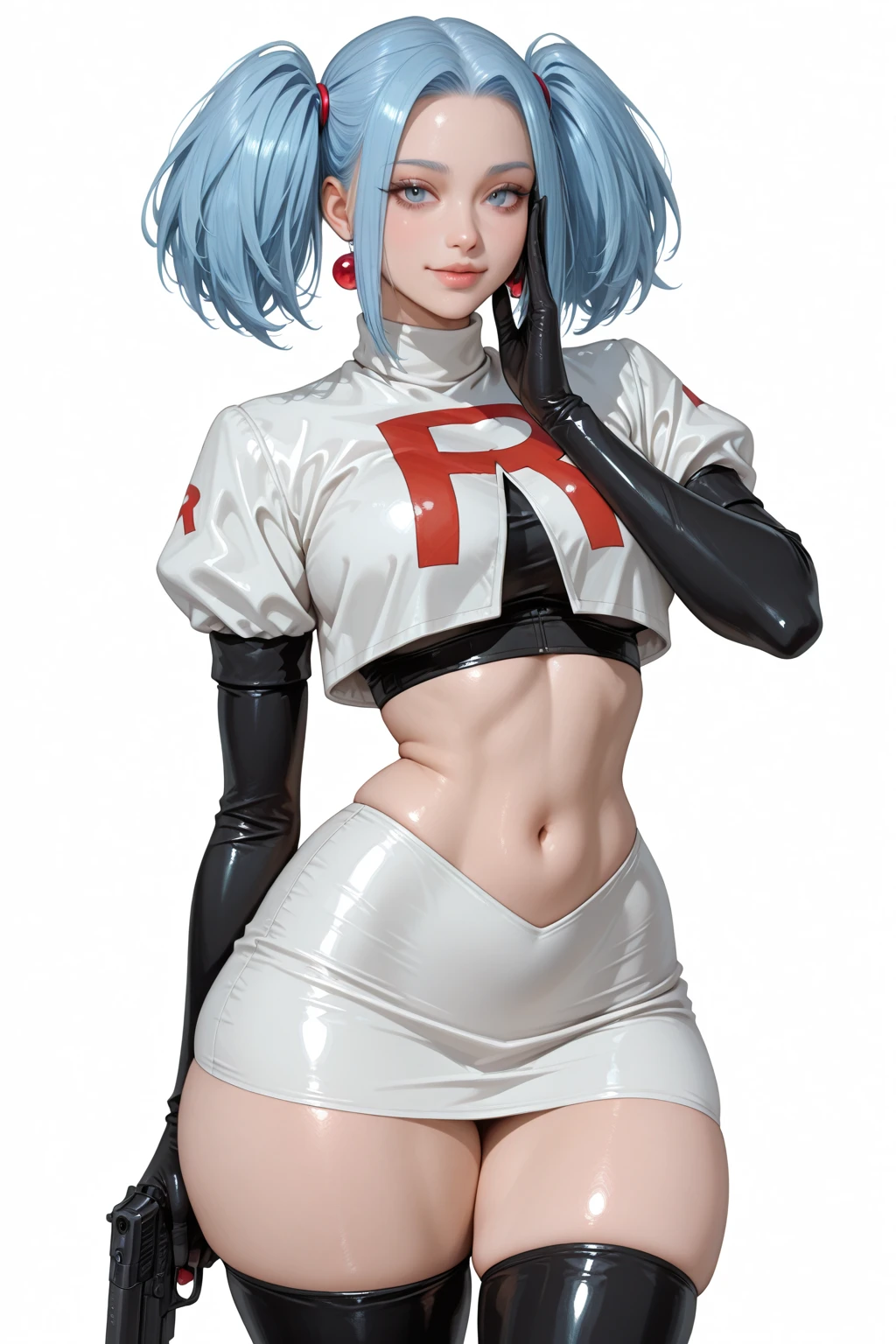 (masterpiece,highest quality,In 8K,Super detailed,High resolution,Realistic,absolutely:1.2),(A female officer of Team Rocket is walking.:1.5),(Always alone:1.5), (Wearing Team Rocket's uniform,There is a big red"R"The characters are drawn:1.5),(cute type of woman:1.4),(Detailed facial depiction, villain's smile:1.4), (bowl cut, blue hair color:1.5),(accurate hands:1.4),(woman's hand:1.2),(wallpaper:1.5),(cowboy shot:1.5),(overlook:1.5), (20 year old Japanese woman,clothing that fits,Make your skirt very short, Black patent leather long boots:1.3), (secret society hideout), (camel toe:1.3), (The upper body is thin:1.4), (flat chest:1.4), (big butt, thick thighs:1.4), (A is being looked at from below.:1.4)