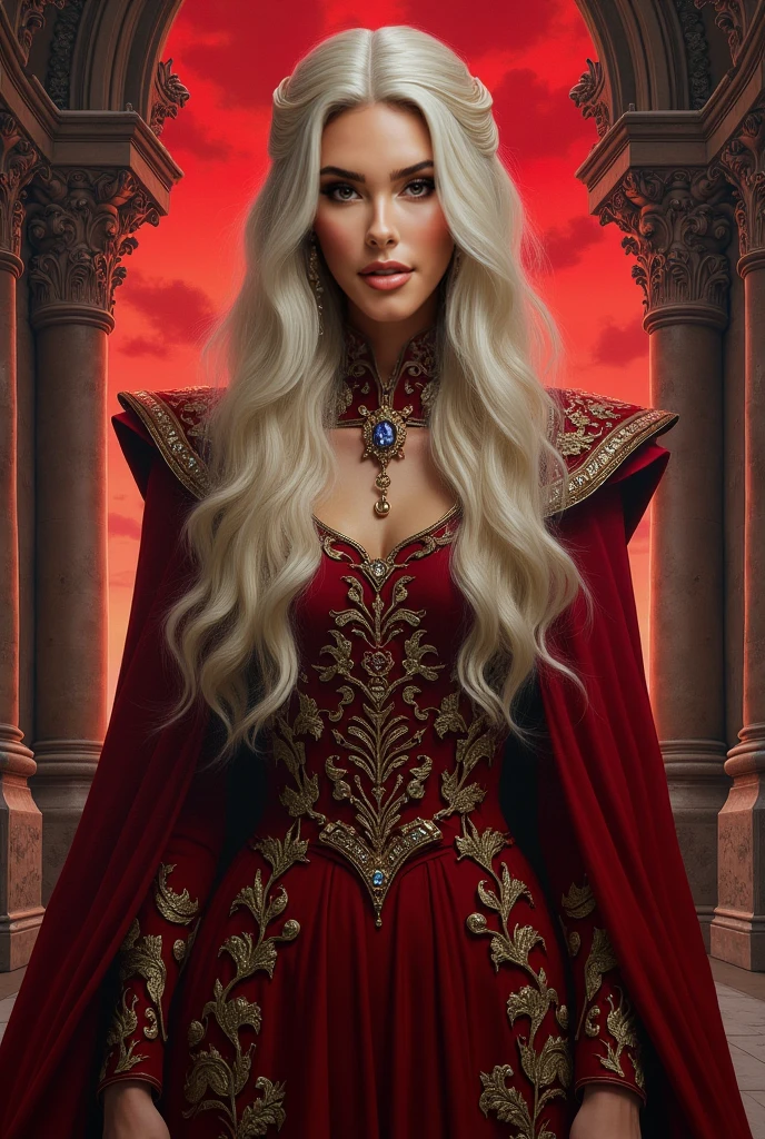 Fat Targaryen woman in silver hair and red dress standing in front of a golden dragon