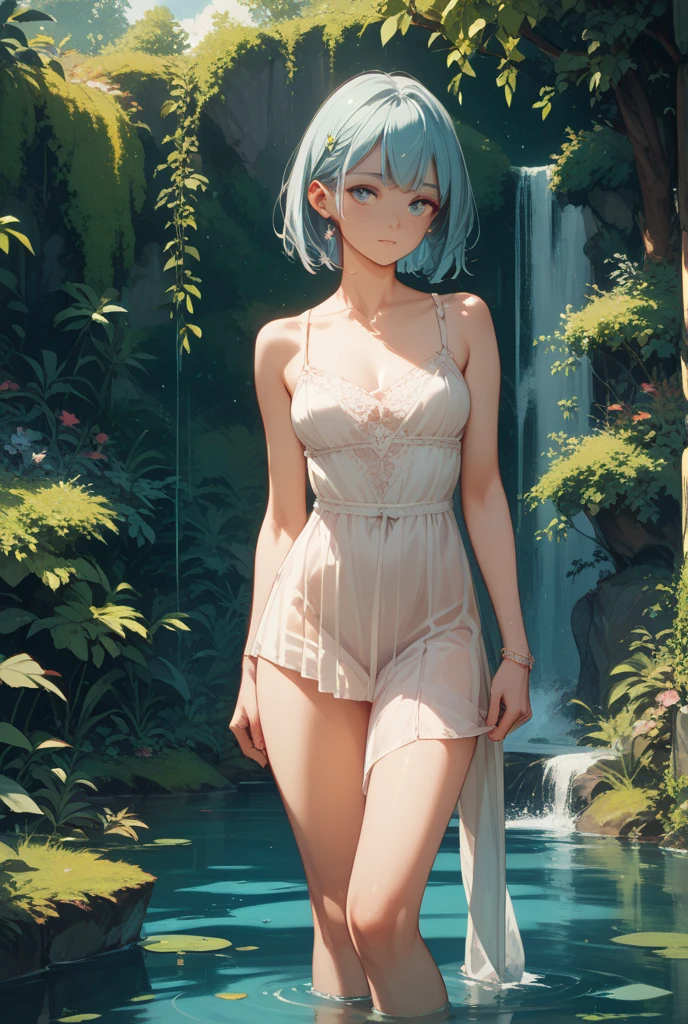 In Claude Monet style, Impressionism, 1girl, upper body focus, (white camisole dress), 14 year old, full body Esbian, short silver hair, pond, wet, ((curtsey)), elf ear, nipples through, see-through, puffy nipples, bare breasts, {{{vulgarity}}}, breast focus