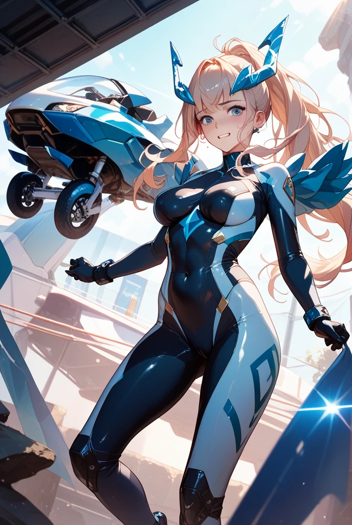 1girl, tall body, light blonde hair, aquamarine eyes, boots, breasts, bracelets, full body, hair ornament, ((shoulder-length hair, ponytail, bangs)), full body with costume, ((leotard, perfect leotard, gymnast_outfit leotard, white leotard with blue accents, bare legs)), hi-tech shoulder pads, (white boots), medium breasts, perfect hands, complete fingers, perfect anatomy, perfect proportions, solo, solo focus, superhero, beautiful detailed eyes, beautiful detailed face, age 18, asuka suit, full body portrait, standing straight, ((blue lightning logo on chest)), ((back view)), cityscape