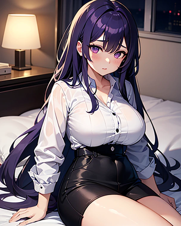 jewelry, 1girl, pantyhose, purple_hair, pencil_skirt, earrings, cleavage, skirt, rating:safe, skirt_suit, necklace, purple_eyes, blush, suit, bangs, teacher, formal, jacket, collared_shirt, solo, looking_at_viewer, indoors, office_lady, shirt, dress_shirt, black_legwear, desk, huge_breasts, collarbone, long_hair, closed_mouth, button_gap, mole