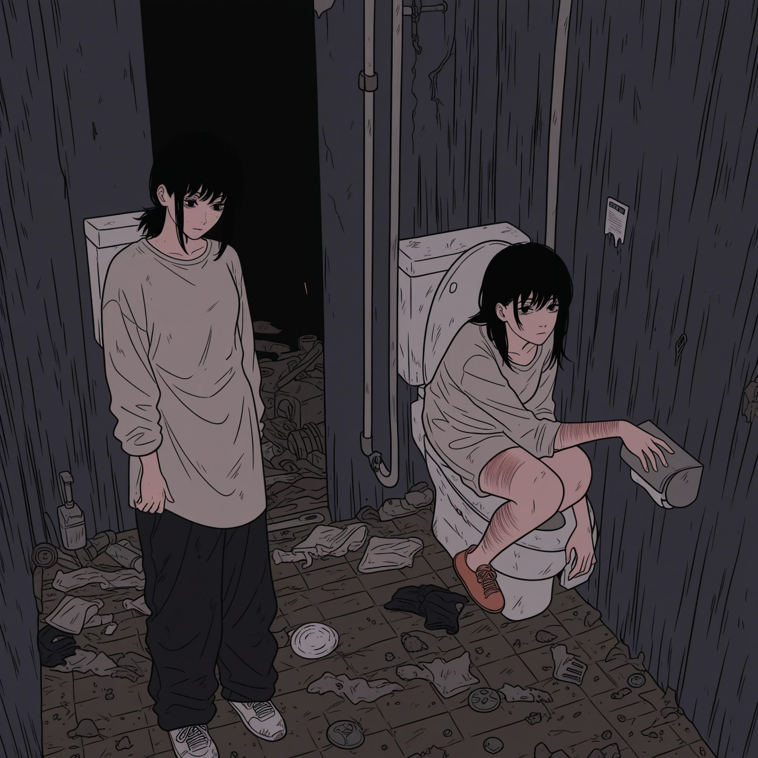 Cartoon of a woman walking in the corridor of a building, black and white manga panel, black and white manga page, vanishing point perspective, manga page, black and white manga, single point perspective, miura kentaro manga style, black and white manga panel, miura kentaro manga art style, two hei atsu style, as a manga panel, interesting perspective, extreme space corridor, distorted perspective, single point perspective