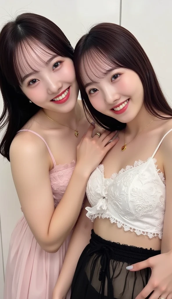 best qualtiy, Ultra-high resolution, (realisticlying:1.4),cute hairpin,Baoyu Girl,Wearing a white bandeau wedding dress,(big chest:1.2) ,A pair of clear and moving peach blossom eyes,Royal Sister,sunshine on face,Big wavy hairstyle,(choker necklace:1.2),(Fair skin:1.4),a sense of atmosphere,a beauty girl, Charming smile,head straight-looking at viewer, closeup cleavage ,(Photorealistic:1.4),2girll,sexly,(Upper body:1.4),(Wet body),(:1.4), curly hair, (facing the front:1.2),long hair、(Close your eyes and ask for a kiss:1.4),From above, ((one length haircut)),, exposedexposed cleavage, look up, raise your chin, open your mouth slightly, waiting for kiss, stick out your tongue slightly, turn your face up, look up the sky, sitting on bed, big , exposed chest, blowjob, exposed, sitting on my lap, open chest,