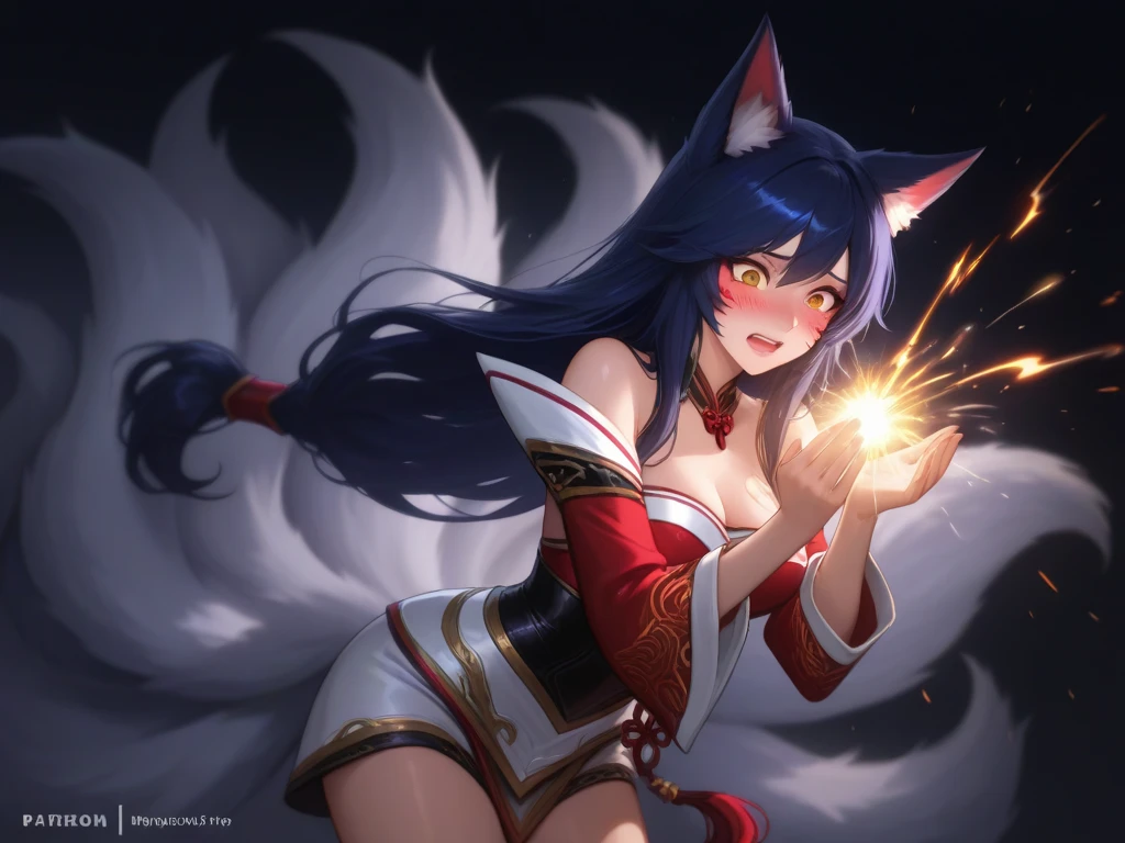 seketch art style,arhi , league of legends champion,masterpiece, best quality, IncrsAhri, braid, fox tail, multiple tails, korean clothes, skirt, (EnergyVeins:1.4), glowing, energy, energy ball, stance, evil smile,full detail