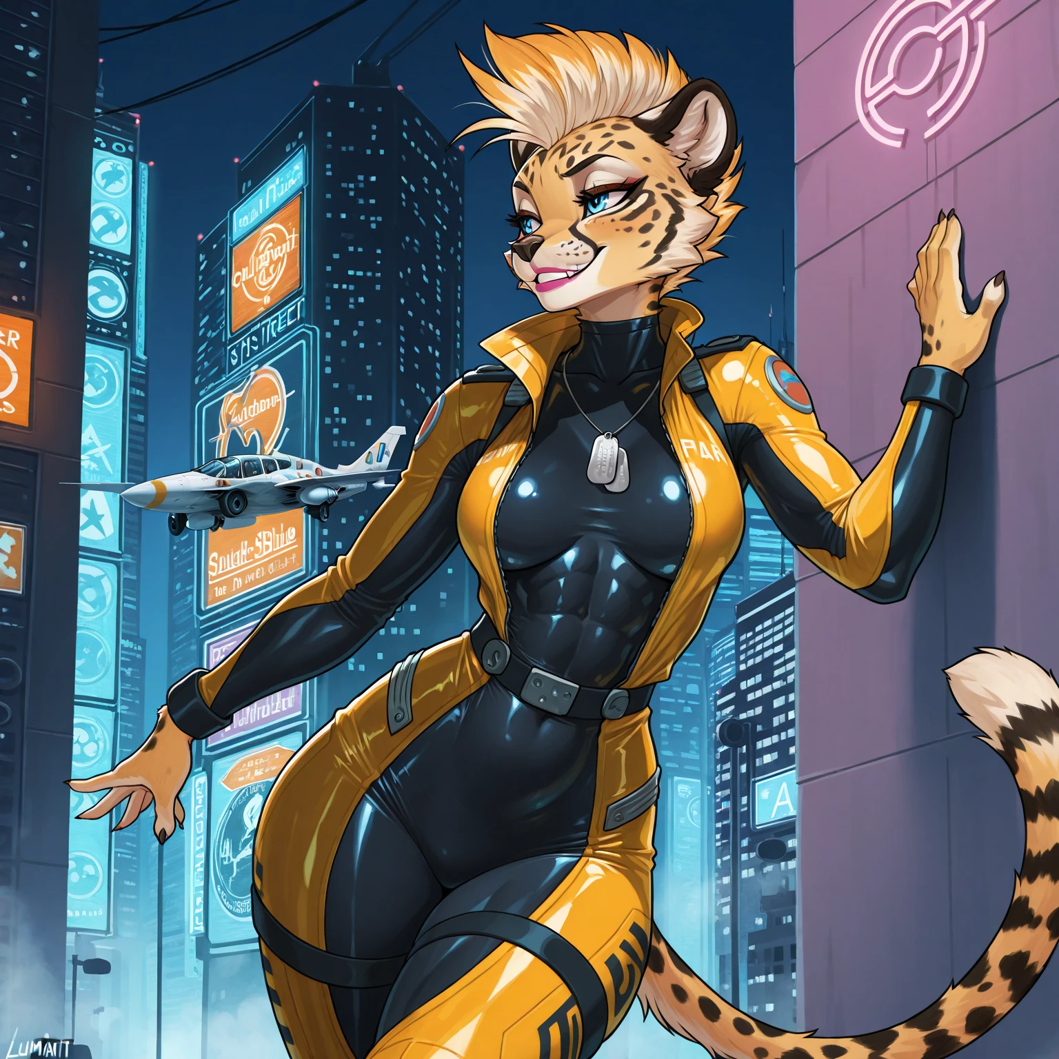 fluff-kevlar, by fluff-kevlar, anthro, ((cheetah)), female, ((1woman)), ((small breasts)), ((long hair)), ((blonde hair)), city scene, on e621, choker spiked collar, detailed body, finely detailed eyes, finely detailed paws, punk style, female focus, ((nipple bump)), (hair detailed correctly), Mihari, ((Tomcat flight suit)), cheetah tail, ((fully dressed)), solo