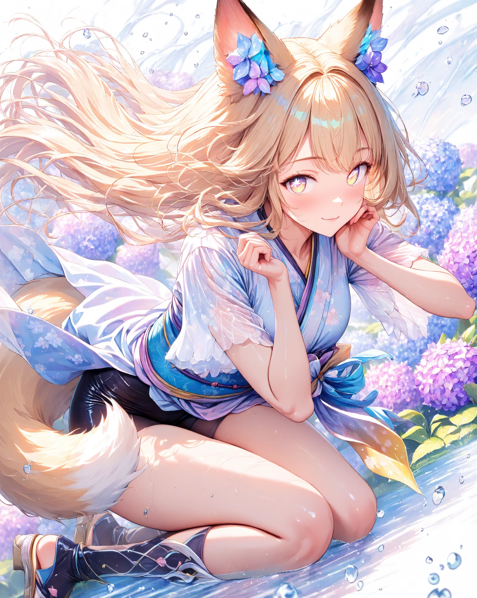 (masterpiece:1.2, best quality), (finely detailed beautiful eyes: 1.2), (detailed background), (beautiful detailed face), high contrast, (best illumination, an extremely delicate and beautiful), ((cinematic light)), masterpiece, best quality, ultra-detailed, beautiful lighting, (cowboy shot, solo, 1girl, dog theme,) dog ears, dog tail, happy, smile with open mouth, oversized sweater, detailed background, flying particles, dynamic, water drops, action pose, 3d render, blender, wallpaper. ((color theme:red, pink, white)), ((blonde hair, green eyes)) starry background, ((perfect hands))