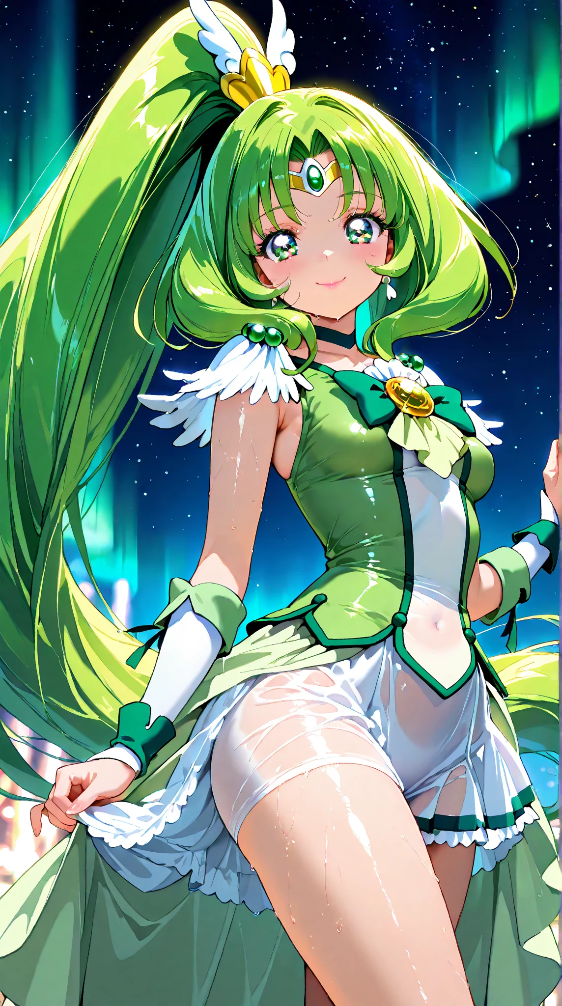 masterpiece, best quality, masterpiece, (1girl), (LLChar), evil witch, dark energy, void, empty eyes, (extremely evil), dark magic, dark forest, negaive energy, hell, void, stars, yellow and green hair, yellow hair piece, pastel blue skirt, pastel purple hoodie, lunge pose, thigh gap, cameltoe: 1.4, heart shape hole in clothes