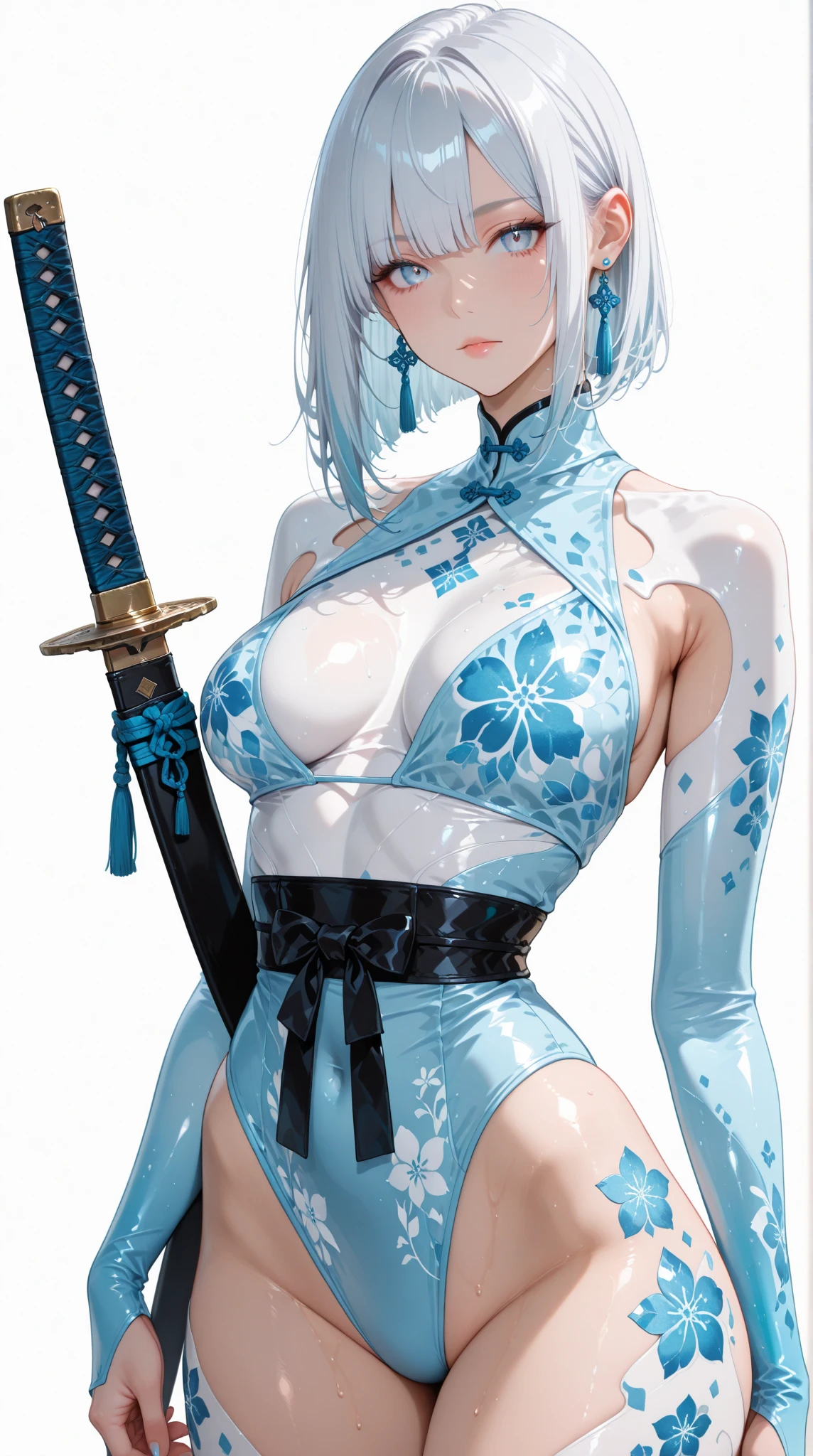 18-year-old girl,Silver hair with blue mesh,Blue Eyes,Long eyelashes,Very large breasts,White bra and thong,Holding a Japanese sword,((3D anime style))