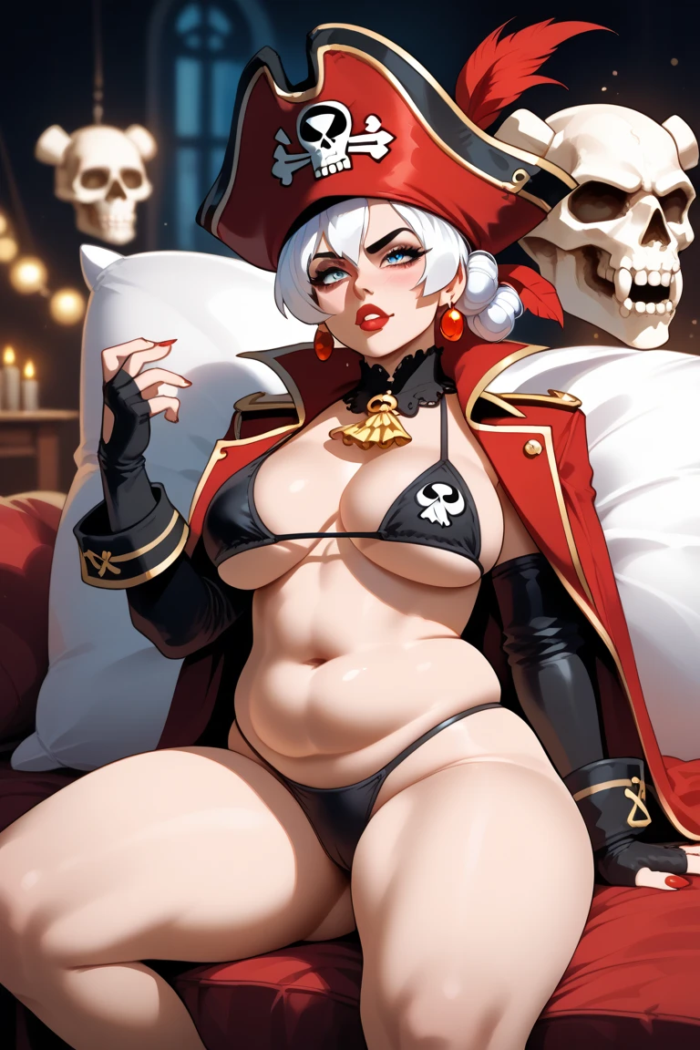 full body female (Warhammer Art Style, Adepta Sororitas, Battle Sister, White hair, bob haircut with bangs. 16k ultra hd, portrait), holding hands a bouquet (both hands) photorealistic, fullbody, bedroom background, royal bedroom, black gloves, black socks, tiara, white hair, laying down on bed, red cape, yellow bikini, high heels, raw photo, DSLR, 8k, 4k, UHD, DSLR, high quality, soft lighting, nikon, canon, hands on hips. red tattoo on belly