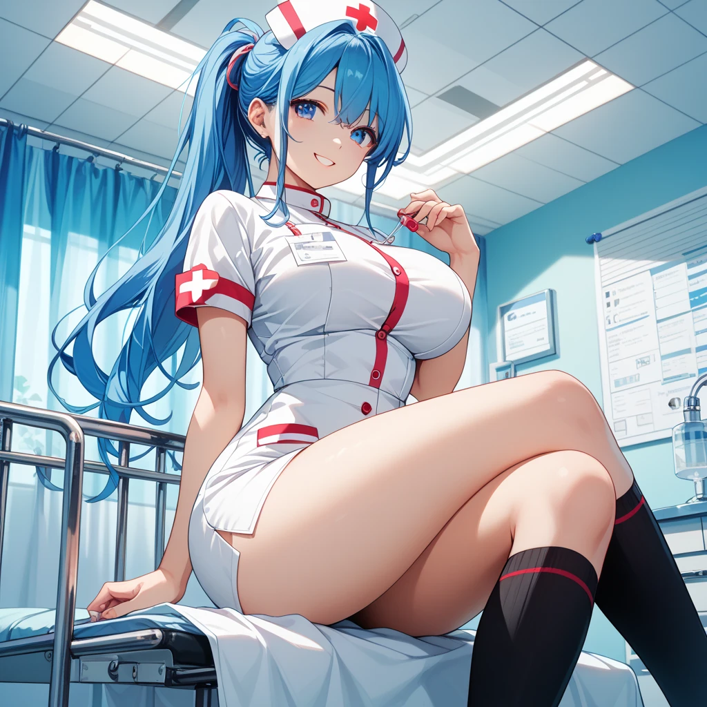 (masterpiece, best quality, 8k wallpaper:1.2 ), ultra detailed, absurdres, highres, long blue-green twintail hair, (hatsune miku:1.3), ((33 yo, mature woman)), full body, ((1girl)), (large breasts), (((glossy slippy smooth texture {blue|black} one-piece japanese school swimsuit:1.3))), ((motherhood kind smile, head tilt:1.2, squinting eyes, wince, closed mouth)), (masterpiece, best quality, 8k wallpaper:1.2 ), ultra detailed, absurdres, highres, long blue-green twintail hair, (hatsune miku:1.3), 7 yo, Elementary school student, short legs, short arms, petit, being stumpy, full body, ((1girl)), (flat chest), (((glossy slippy smooth texture {blue|black} one-piece japanese school swimsuit:1.3))), ((motherhood kind smile, head tilt:1.2, squinting eyes, wince, closed mouth)), (looking at viewer), too sweaty body, silky skin, beautiful eyes, beautiful smile line, big blue eyes, shiny hair, beautiful detailed eyes, beautiful detailed skin, beautiful detailed clothes), framed double breasts, under bust, too wet skin, too wet clothes, glossy skin, glossy clothes, skindentation, skin tight, thick thighs, on the hospital bed, portrait, cute face, kawaii, (((peeping shot from ceiling, flirting))), peeping dripping, wide open legs, wide spread legs, squatting, get on your knees, realistic, realism, photorealistic, (((waterfall muddy solid milk is dripping from the crotch))), both inner thighs, ((white nurse cap, too wet see-through too thin white over knee socks, white nurse shoes)), 1 panel, solo, lower body focus, ((a lot of muddy solid milk on crotch and thighs)), perfect I sharped cleavage, arms down forwards, upper body backwards, lower body forwards, (An erotic nurse dedicated to squeezing the first