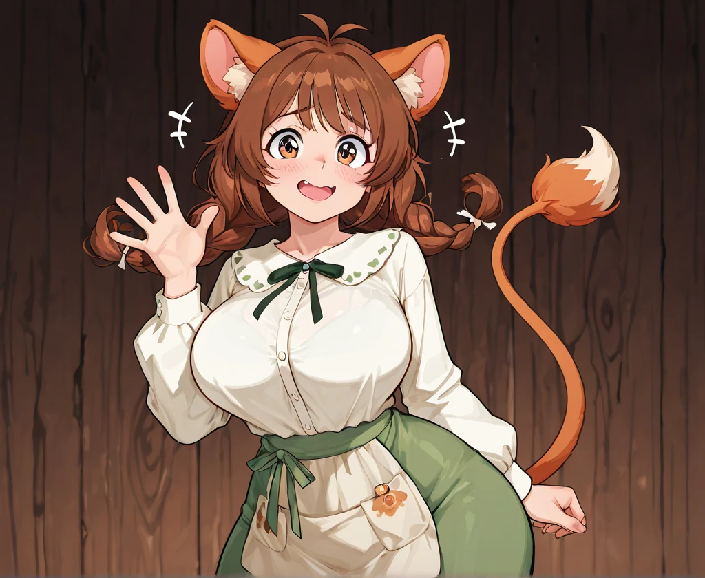 Xiao, long animal ears, short brown hair, cat tail above buttocks, :3, brown eyes,
Xattire , white sleeveless dress with pattern, black bike shorts, neck bell, fur footwear, fur fingerless gloves,
standing, arms behind back, upper body,
small house, green walls, wood floor,fantasy,
(insanely detailed, beautiful detailed face, masterpiece, beautiful detailed eyes, best quality)
<lora:Xiao-10v4:0.8>
