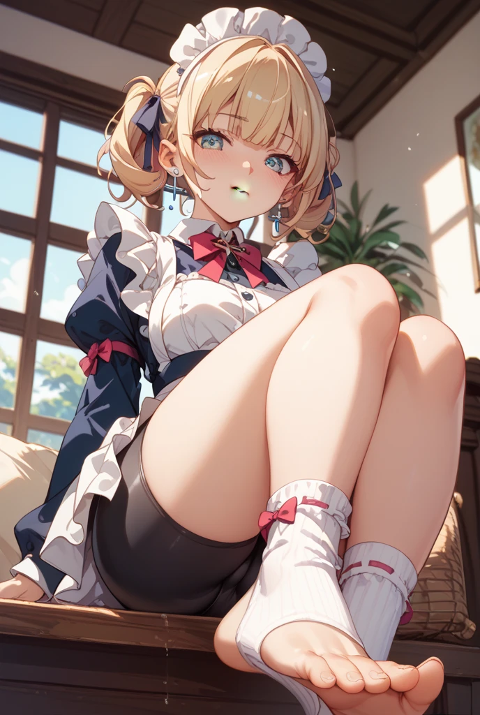 (footjob), Masterpiece、Highest quality、Highest quality, (long and thin legs, shoes:1.2), Arm behind wrist, squat、Spread your legs、1 girl, (smile、Open your mouth大笑い:1.2), Cute eyes, (Detailed face:1.3)、Open your mouth, The whole face turns red, alone, Oversized breasts, Big and ample breasts, (Straight bangs, Twin tails), White maid outfit、(Bust only micro bikini)、Side bust、Underbust、belly button、Walking through the mansion&#39;corridor、nsfw、shoes下