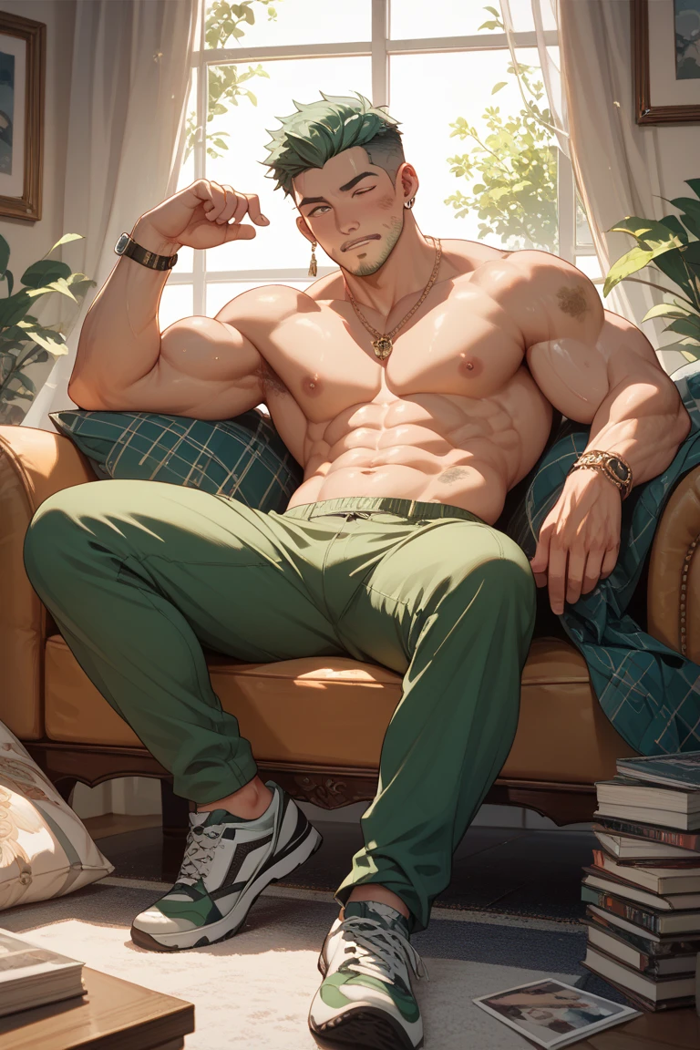 (masterpiece, best quality ), 1man, extremely masculine , extremely extremely. Hyper muscular, short green and pink hair, brown eyes, intricate, (living room) , full body, white army uniform, open green jacket tight on the sleeves, tight jacket, huge muscles ,vivid colors,(depth of field:1.2),(abs),blush, looking at viewer, sitting on couch, spread legs, shirt open, shirtless, visible pectorals, giant