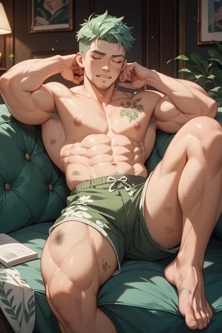One guy,(younge boy,???'s face,a baby face,Bad laughs,infancy),nakeness,(Exposing the ),Round eyes,Pink-purple skin,(Smooth skin),Short round face,Flat chin,Fine face in detail,Teal briefs,Muscular and strong,Short yellow-green-powder-blue hair,(Gradient hair color),nakeness,Teal briefs,Pectoralis abdominal muscles,Bare pectoralis abs,the night,vivd colour,(depth of fields:1.2),Bird's eye view,spread their legs,lying on the grass ground,crystal