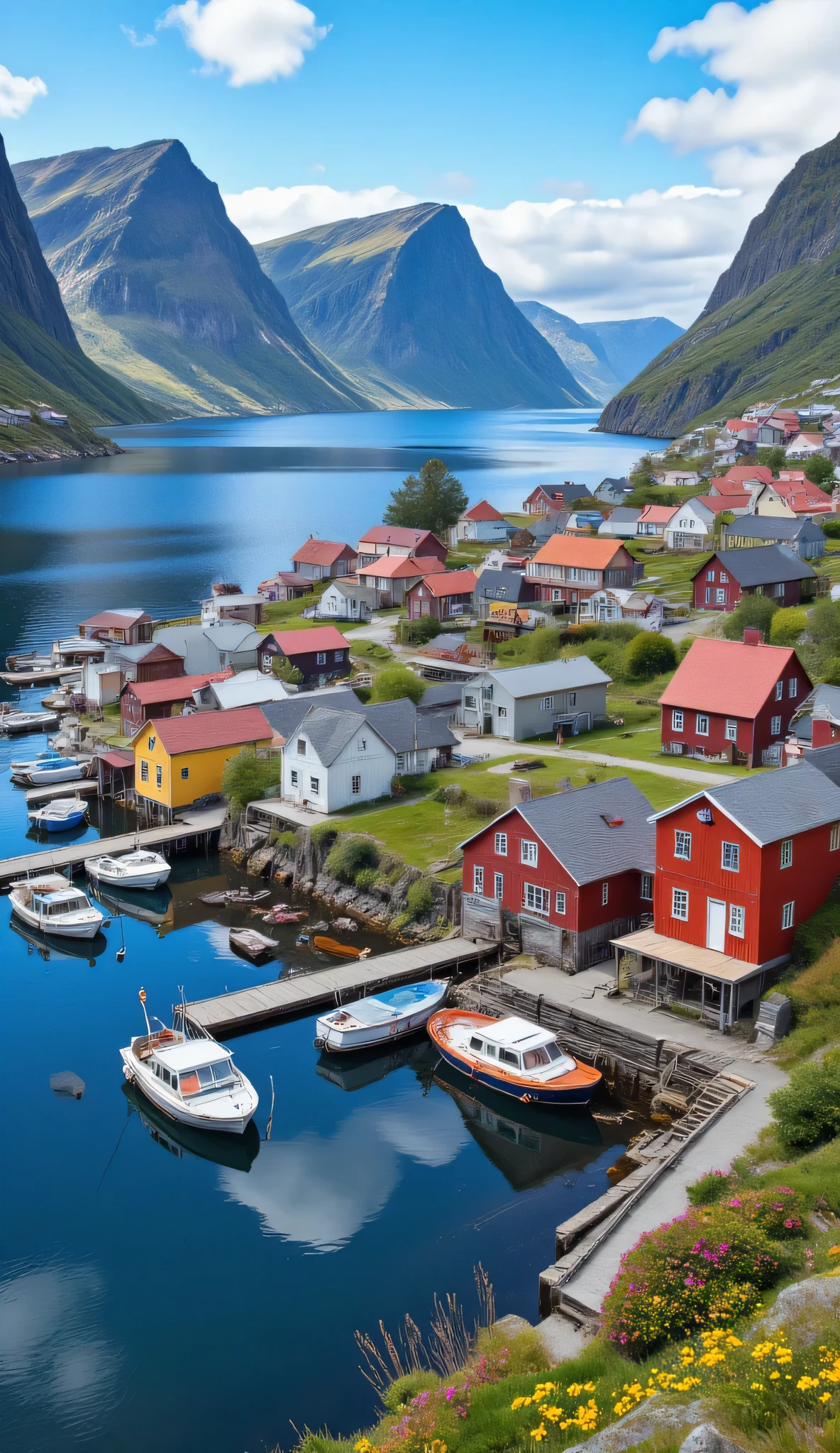 masterpiece、最high quality、high quality、美しいnature、Scenery、Admire the fishing village on the steep Norwegian coastline、ノルウェーの漁村のScenery、Colorful houses々and the sea where fishing boats are anchored、nature、Scandinavian house facing the ocean、There is a fishing boat、the blue sky that seems to pass through、depth of field、high resolution、flower、 Color Difference、photorealism、very detailed、High Details、dramatic with a sense of speed、
